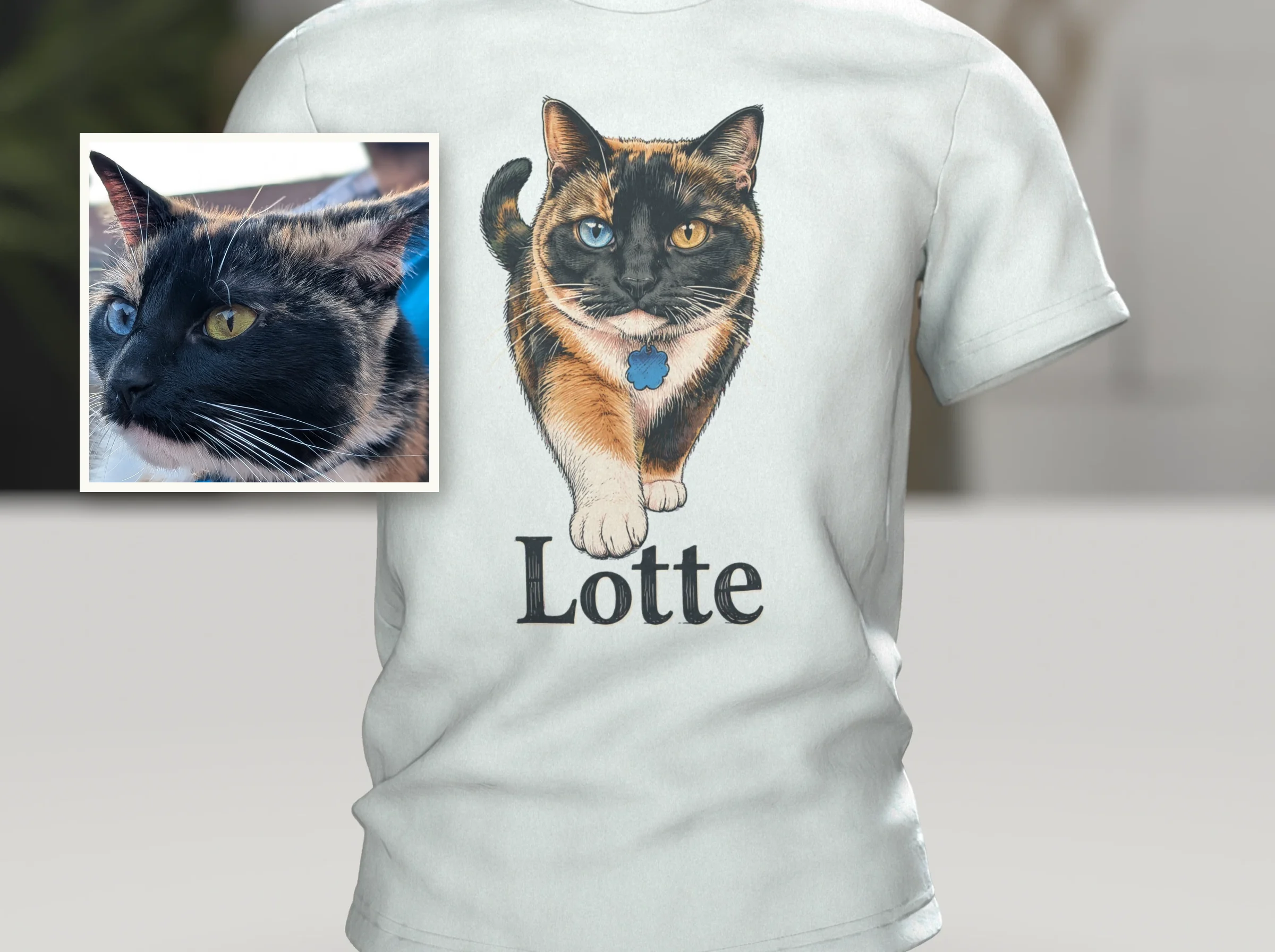 Vorn links das Foto einer Schildpattkatze mit einem blauen und einem gelben Auge, dahinter ein helles T-Shirt mit derselben Katze als Zeichnung und dem Namen Lotte darunter