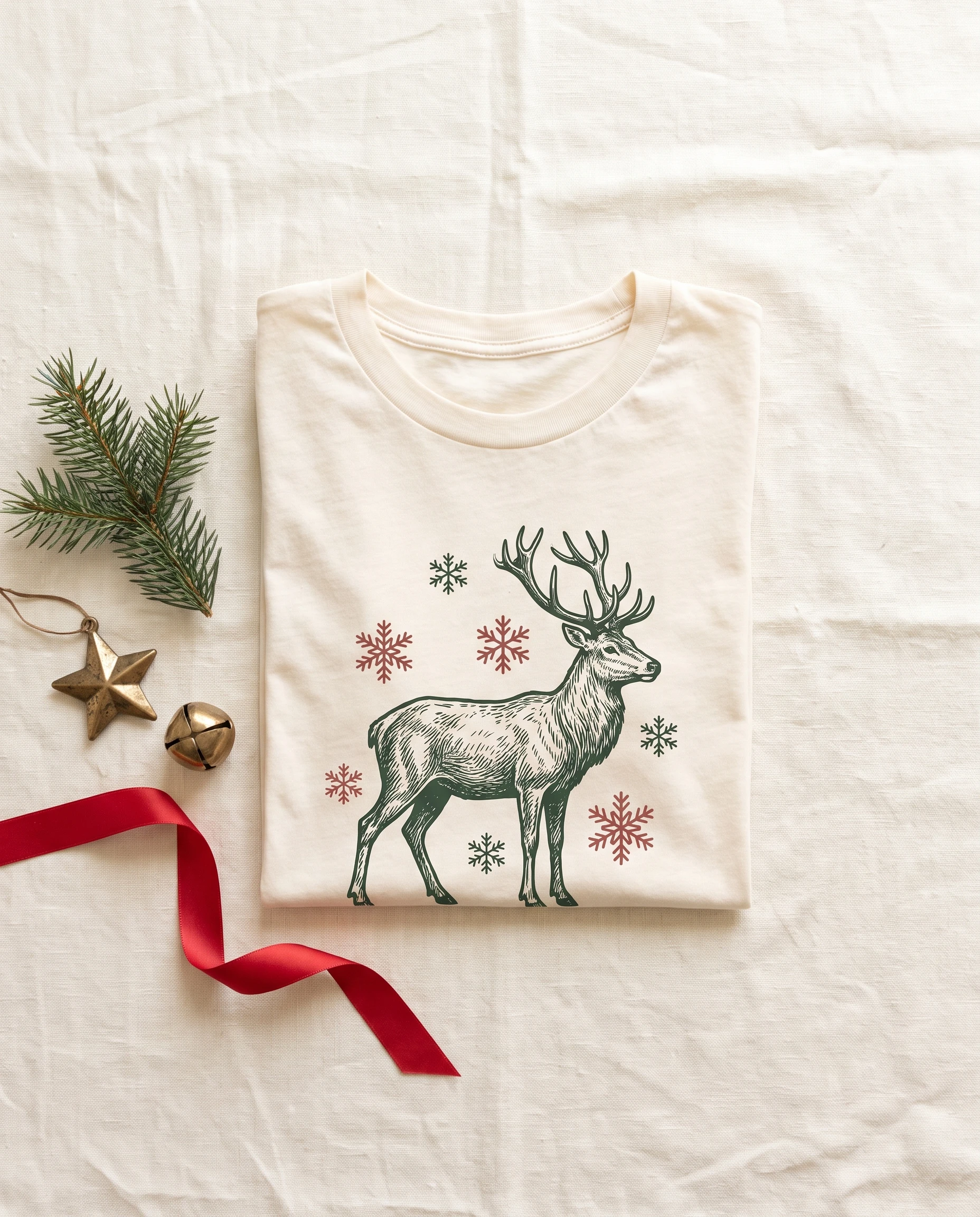 Cream colored T-shirt with a reindeer design in woodcut style, laid flat on linen with a fir branch and baubles