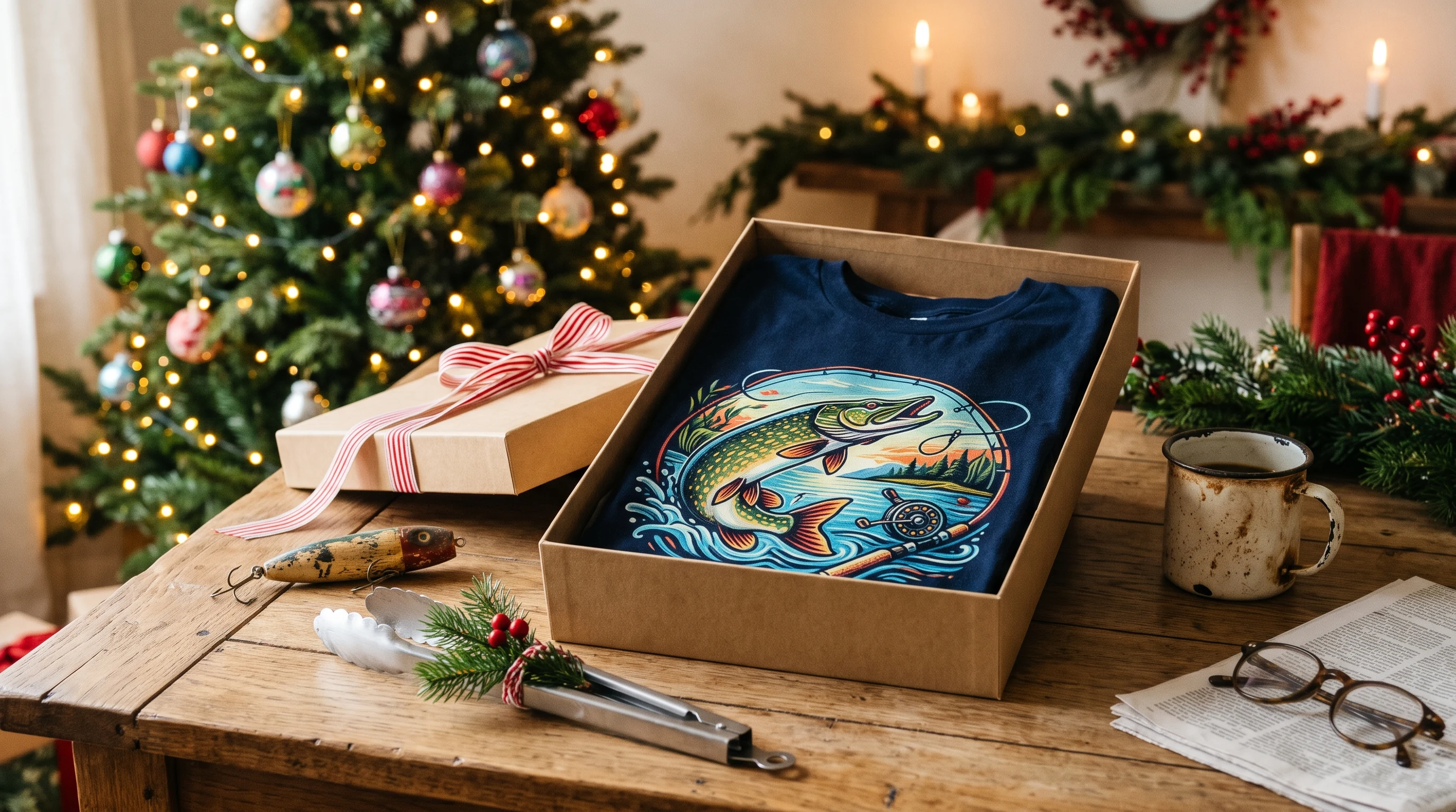 Open gift box beneath the Christmas tree holding a T-shirt printed with a leaping pike and a fishing rod, next to a fishing lure, barbecue tongs with a fir sprig, a coffee mug and reading glasses