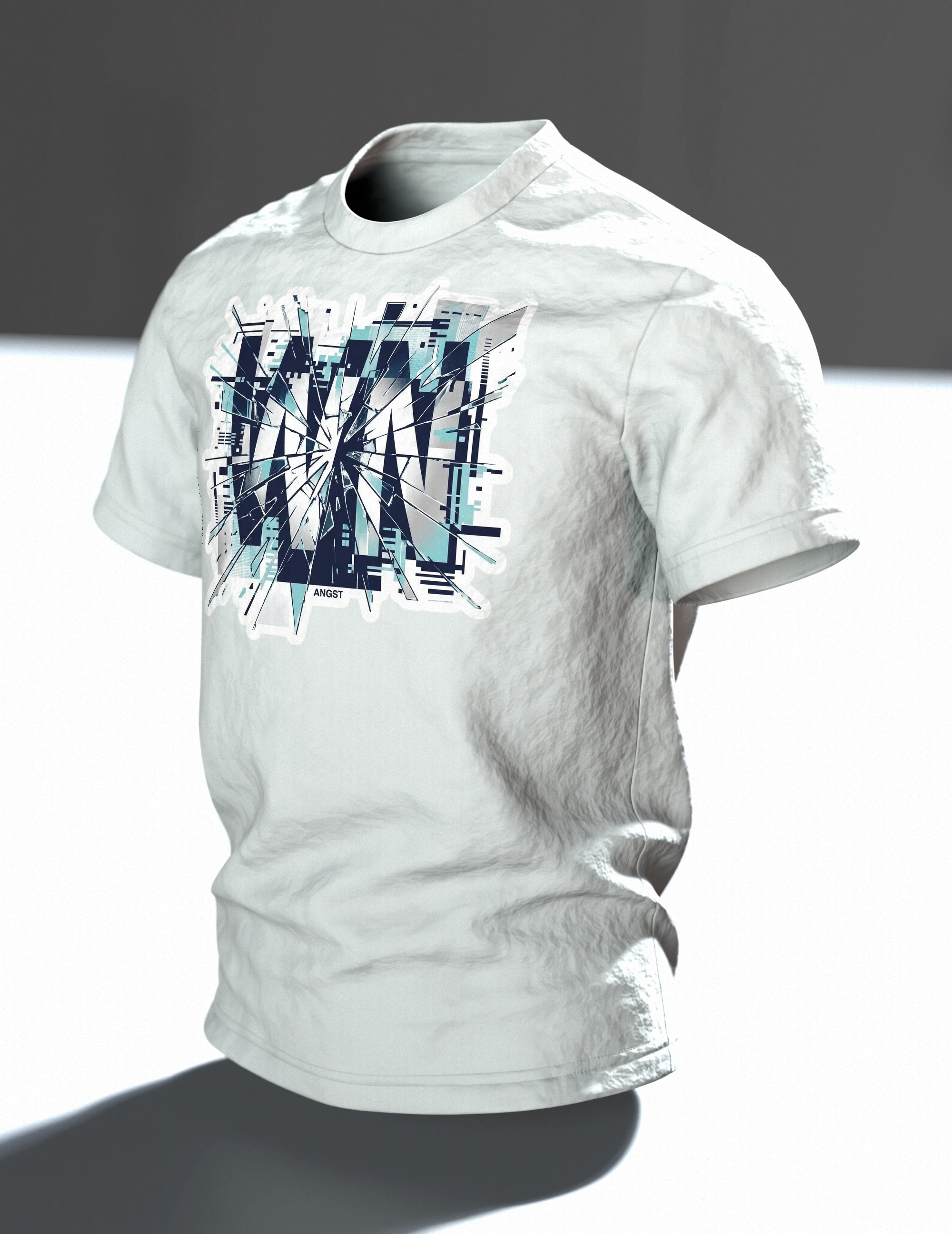 Zersplitterte Schrift T-Shirt, Im Raum, schräg