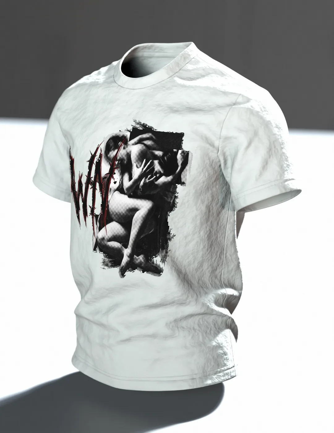 Crewnited Tanz T-Shirt, Halftone-Tänzer mit WN-Emblem und rotem Schriftzug, Im Raum, schräg