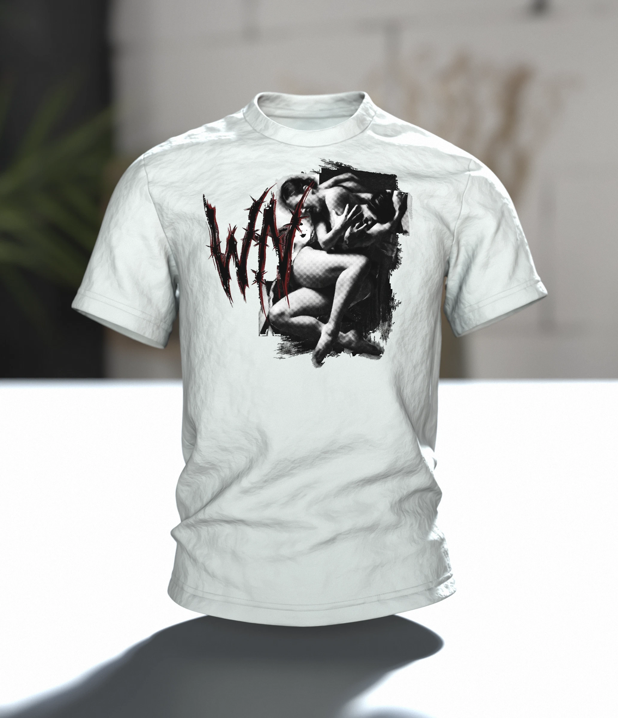 Crewnited Tanz T-Shirt, Halftone-Tänzer mit WN-Emblem und rotem Schriftzug, Im Raum
