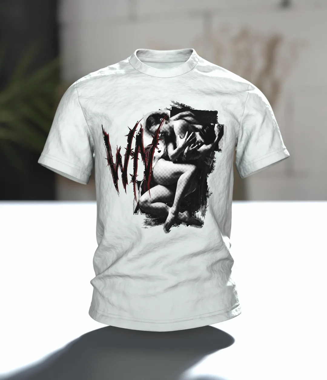 Crewnited Tanz T-Shirt, Halftone-Tänzer mit WN-Emblem und rotem Schriftzug, Im Raum