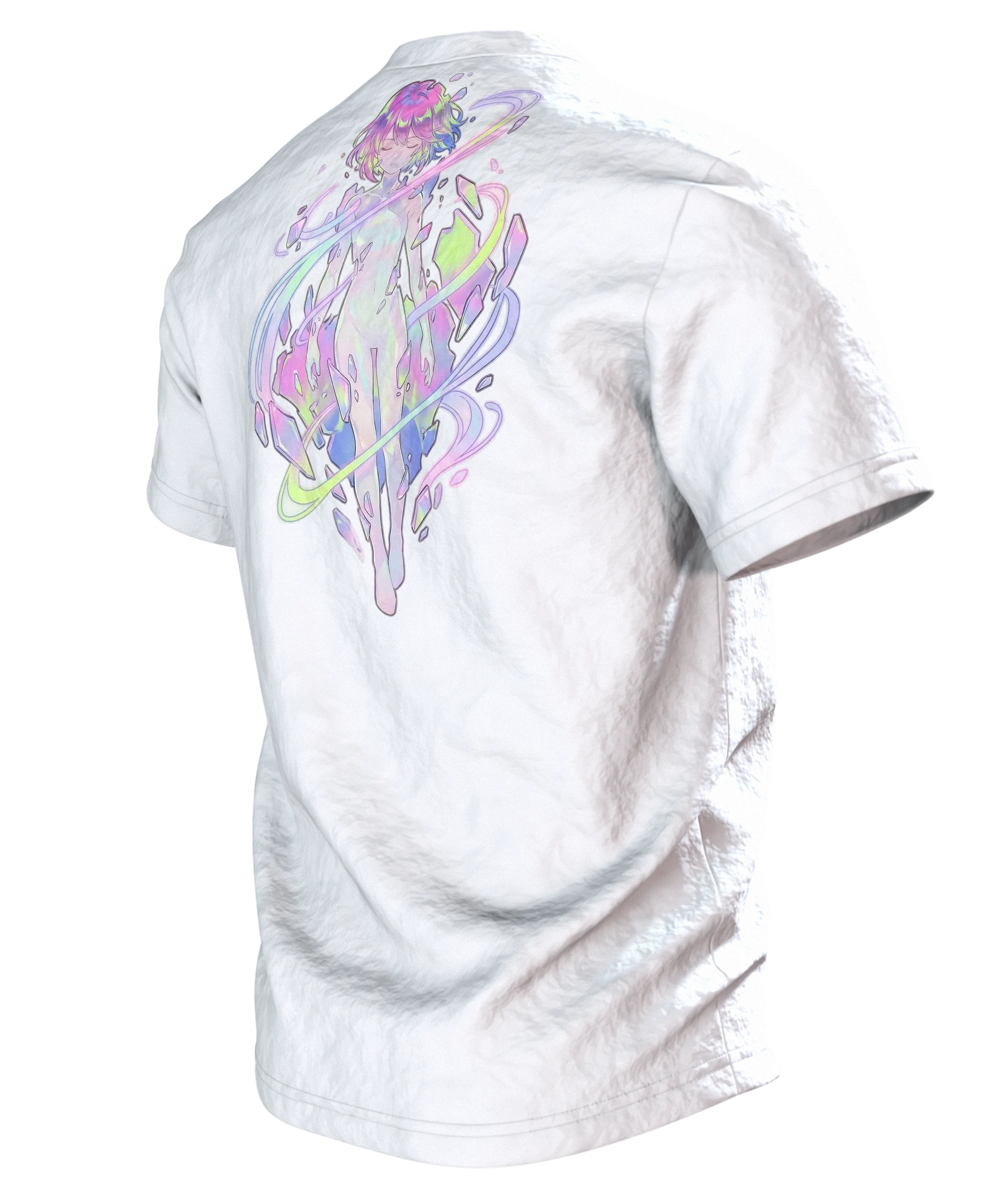Anime Kristall T-Shirt, Mädchen-Porträt mit Aurora-Schlieren in Pastell auf Hell, Rückseite schräg links