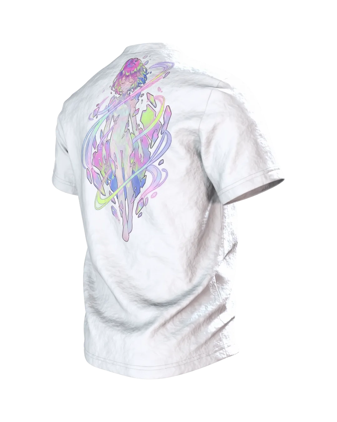 Anime Kristall T-Shirt, Mädchen-Porträt mit Aurora-Schlieren in Pastell auf Hell, Rückseite schräg links