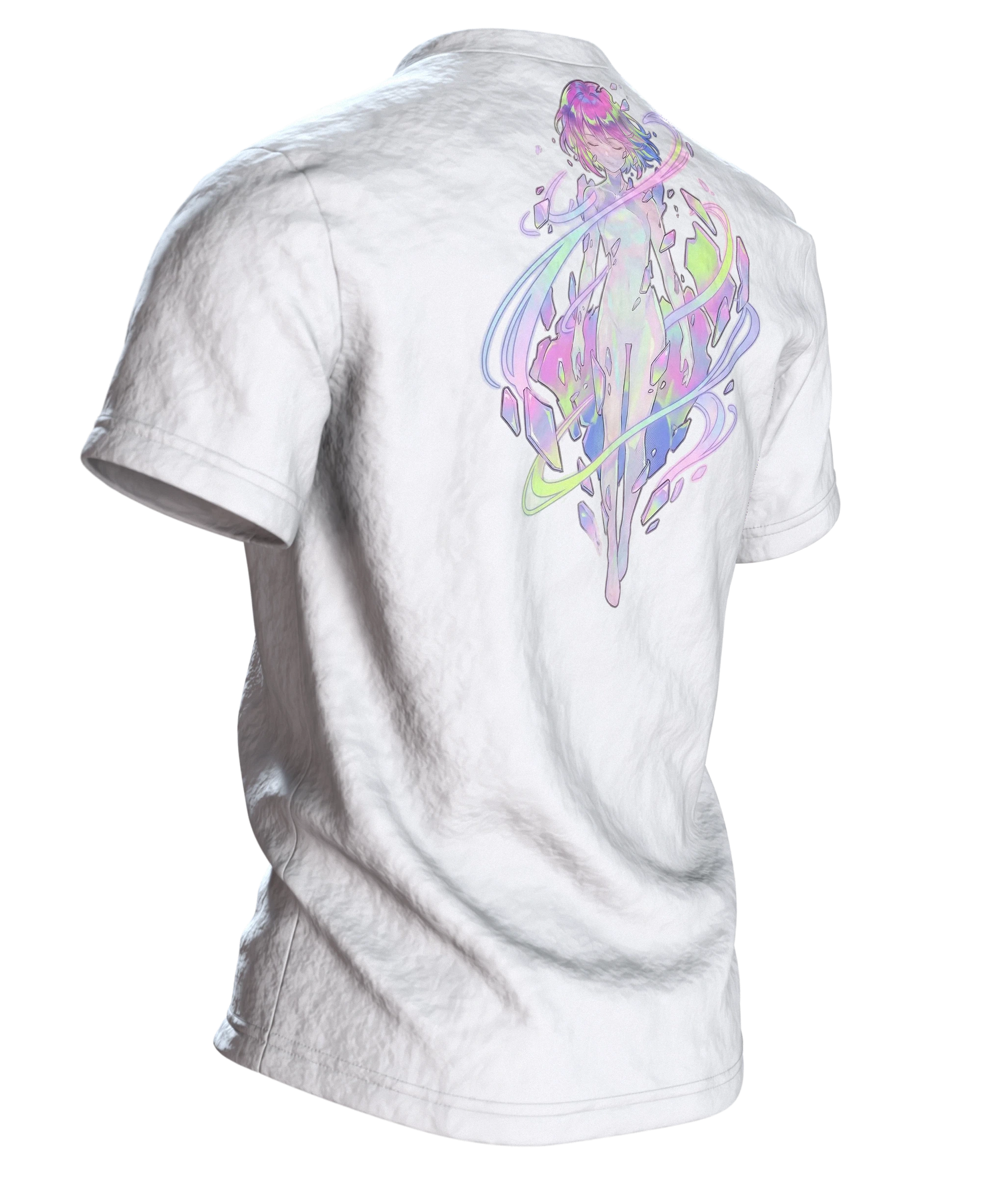 Anime Kristall T-Shirt, Mädchen-Porträt mit Aurora-Schlieren in Pastell auf Hell, Rückseite schräg rechts