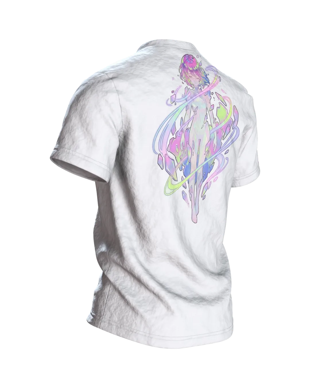 Anime Kristall T-Shirt, Mädchen-Porträt mit Aurora-Schlieren in Pastell auf Hell, Rückseite schräg rechts