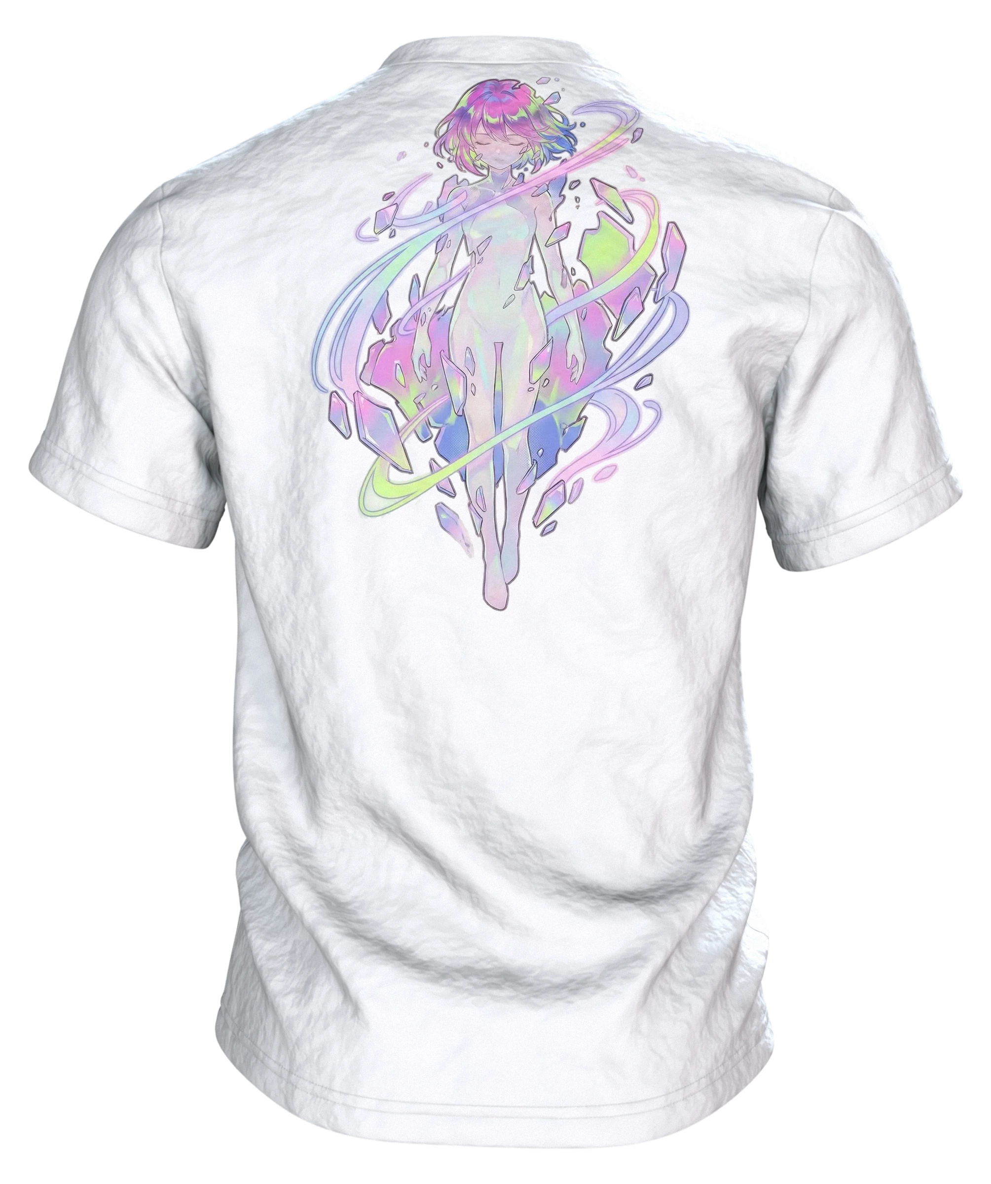Anime Kristall T-Shirt, Mädchen-Porträt mit Aurora-Schlieren in Pastell auf Hell, Rückseite