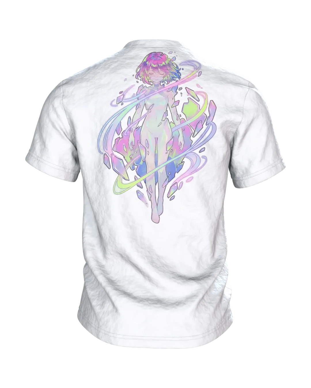 Anime Kristall T-Shirt, Mädchen-Porträt mit Aurora-Schlieren in Pastell auf Hell, Rückseite