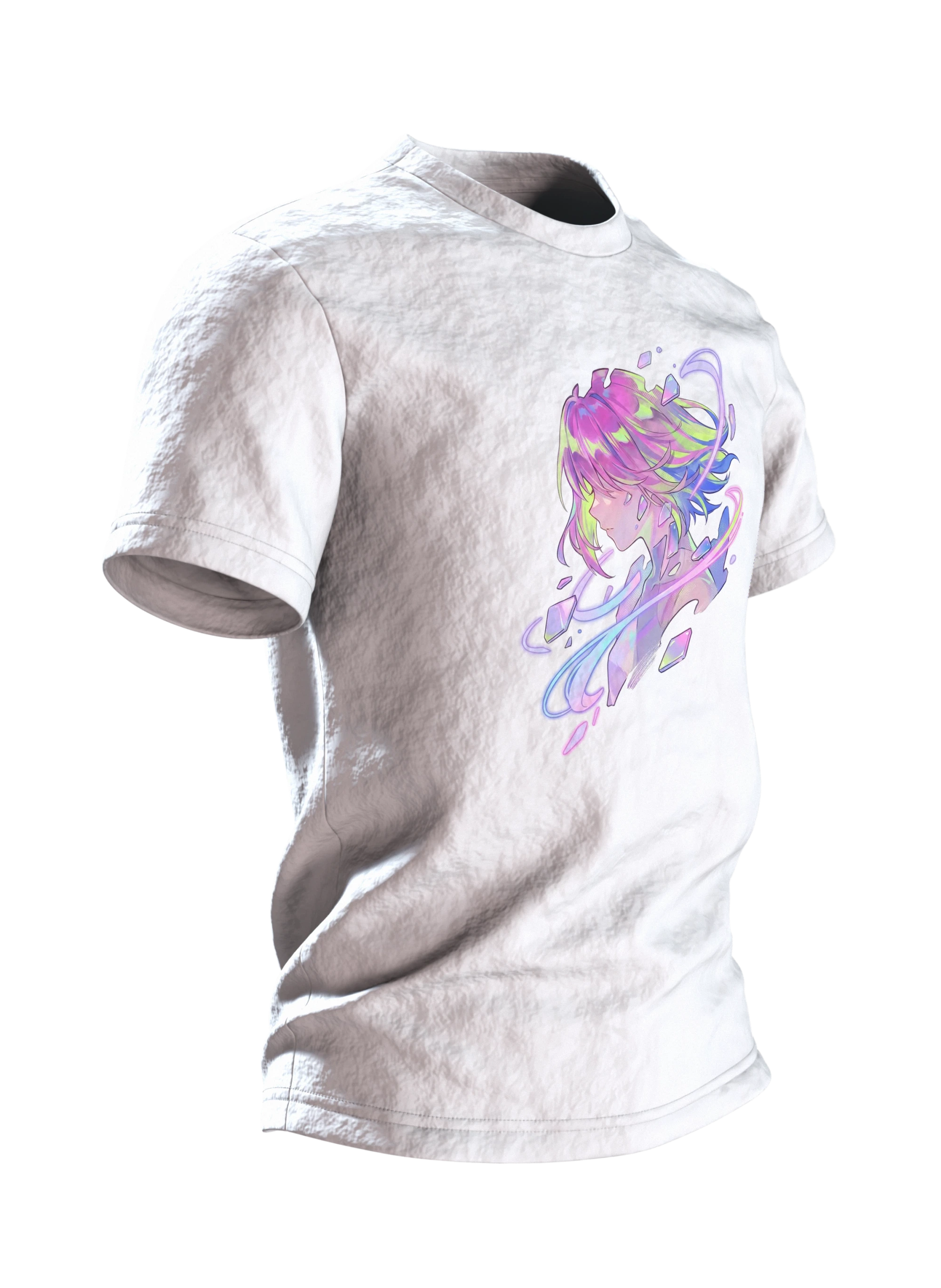Anime Kristall T-Shirt, Mädchen-Porträt mit Aurora-Schlieren in Pastell auf Hell, Seitenansicht links