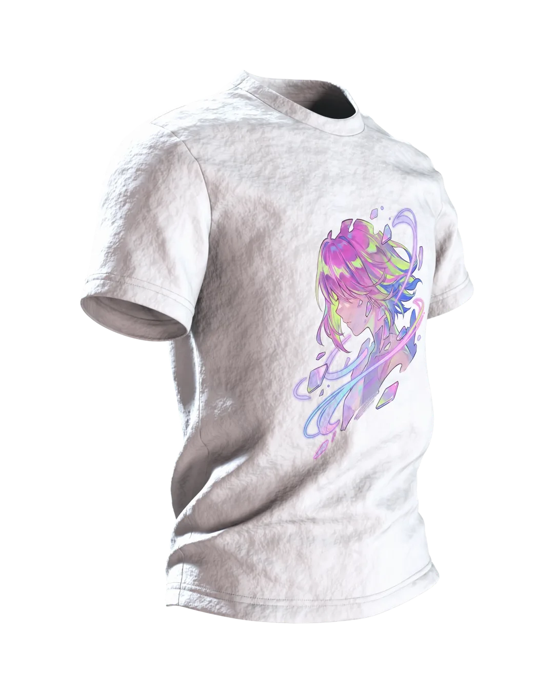 Anime Kristall T-Shirt, Mädchen-Porträt mit Aurora-Schlieren in Pastell auf Hell, Seitenansicht links