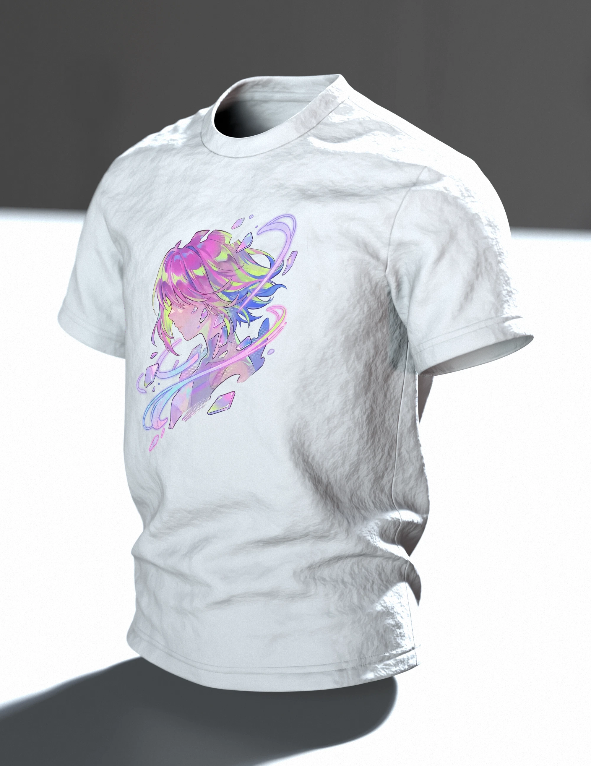 Anime Kristall T-Shirt, Mädchen-Porträt mit Aurora-Schlieren in Pastell auf Hell, Im Raum, schräg