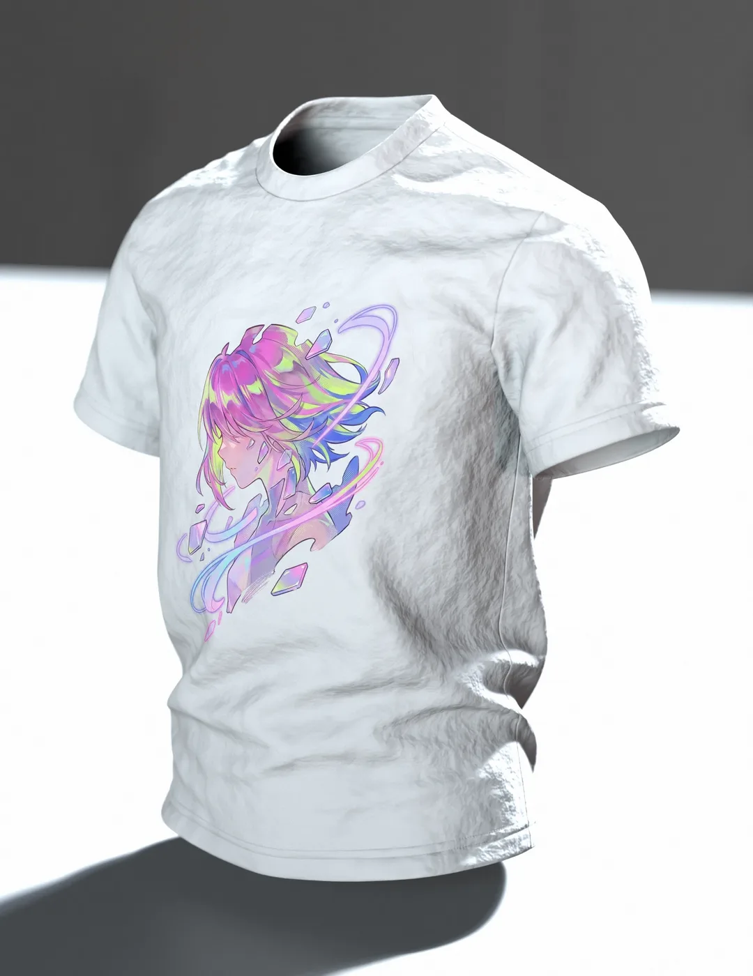 Anime Kristall T-Shirt, Mädchen-Porträt mit Aurora-Schlieren in Pastell auf Hell, Im Raum, schräg