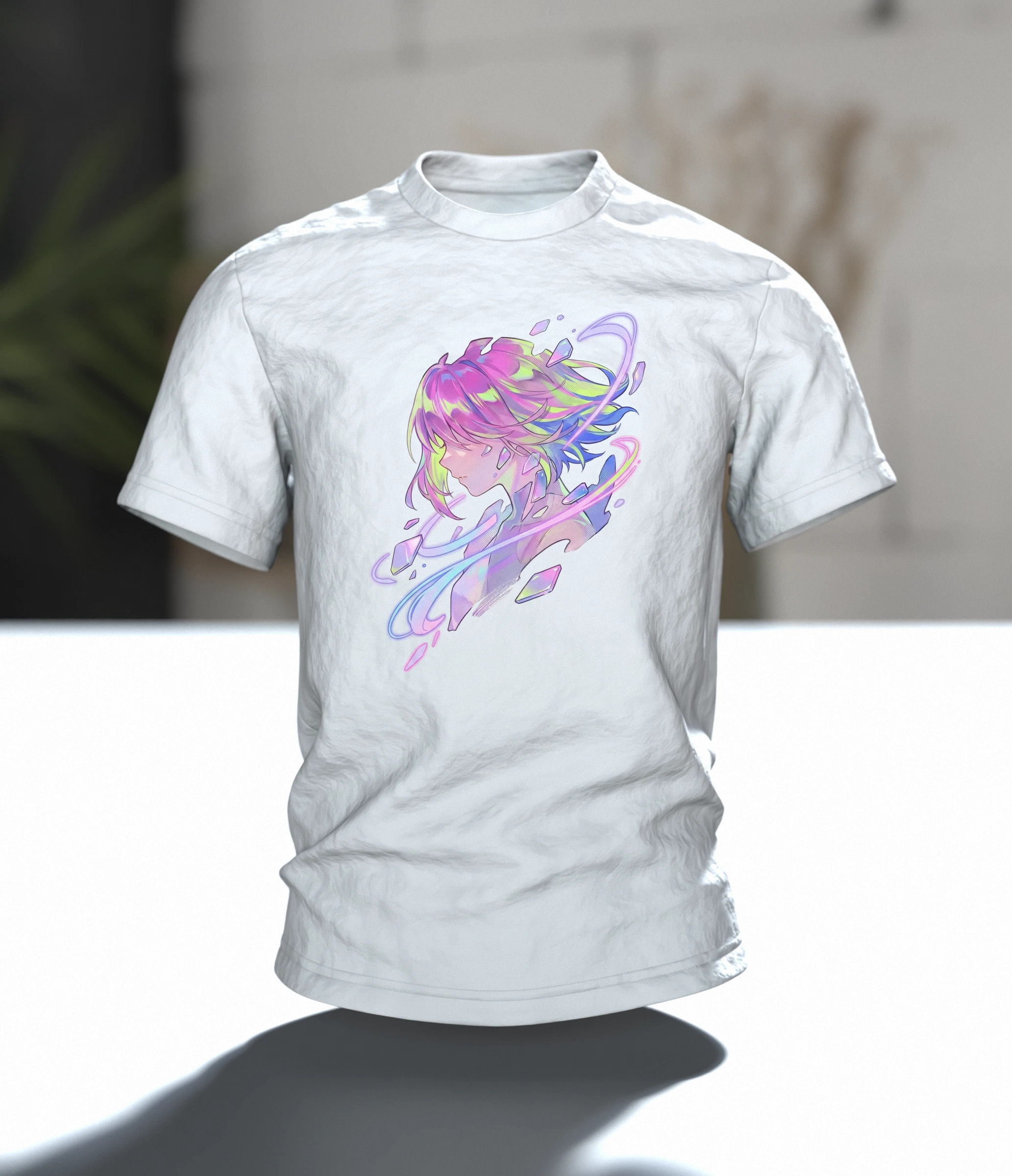 Anime Kristall T-Shirt, Mädchen-Porträt mit Aurora-Schlieren in Pastell auf Hell, Im Raum