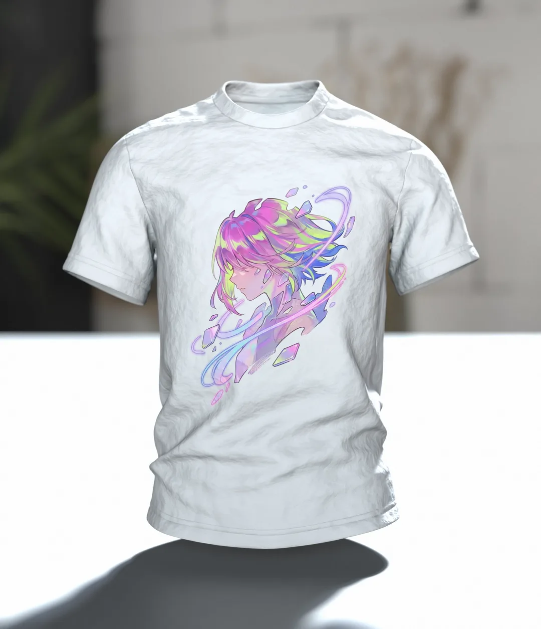 Anime Kristall T-Shirt, Mädchen-Porträt mit Aurora-Schlieren in Pastell auf Hell, Im Raum