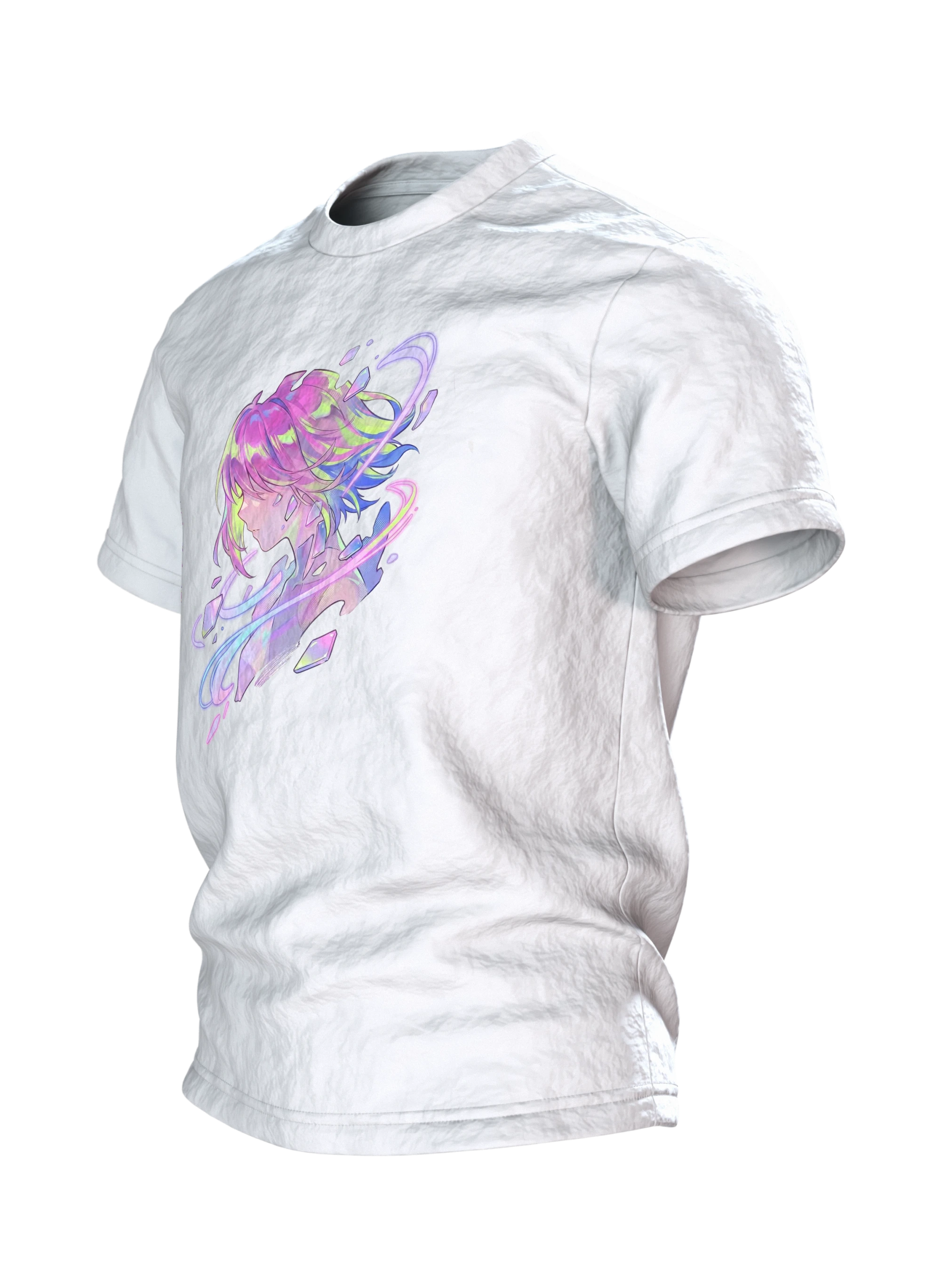 Anime Kristall T-Shirt, Mädchen-Porträt mit Aurora-Schlieren in Pastell auf Hell, Seitenansicht rechts