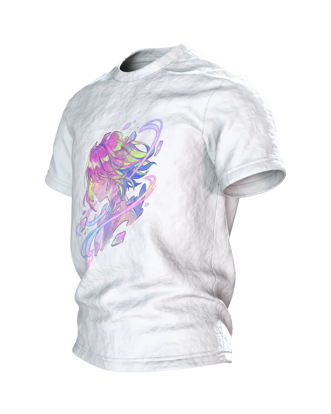 Anime Kristall T-Shirt, Mädchen-Porträt mit Aurora-Schlieren in Pastell auf Hell, Seitenansicht rechts