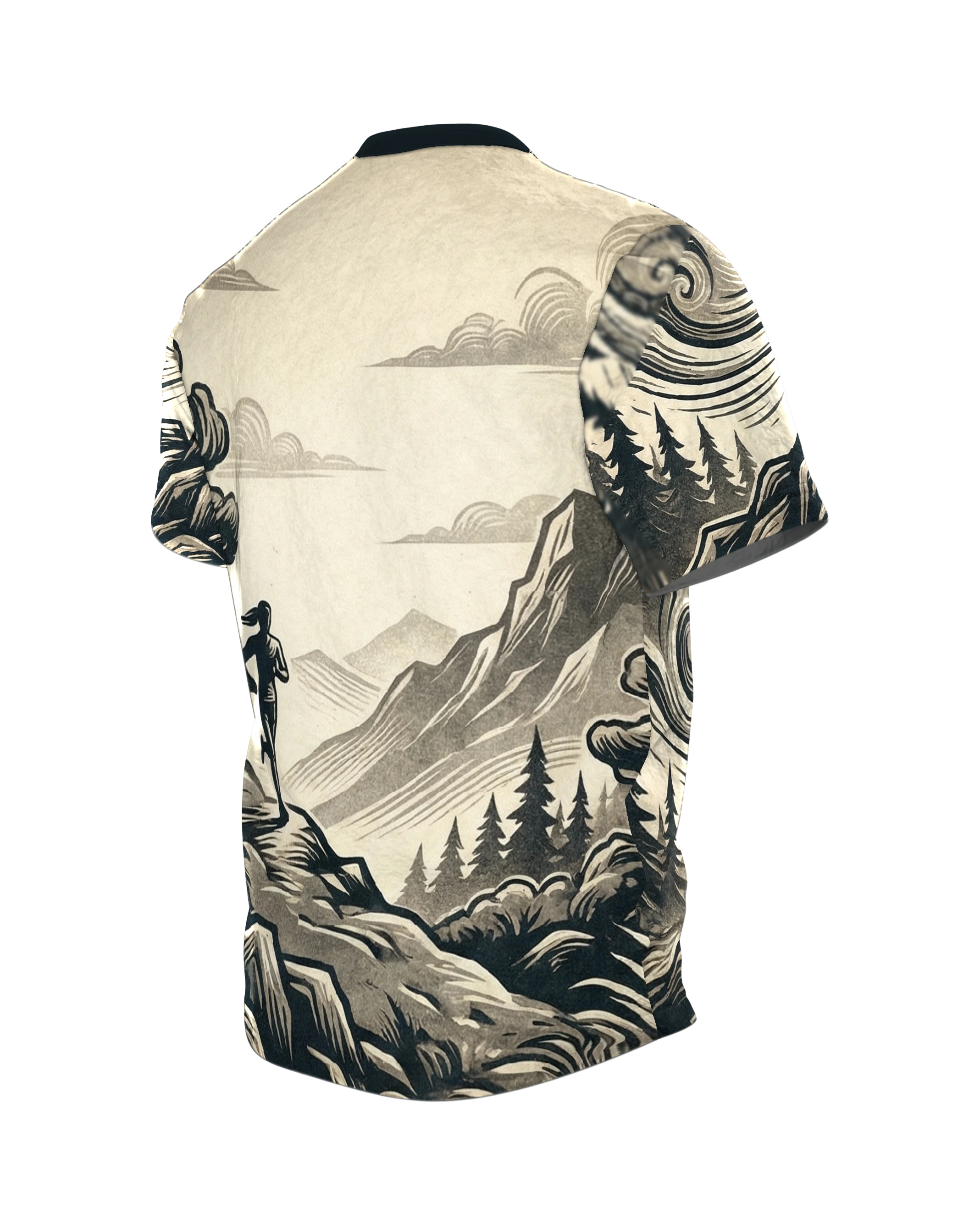 Trail-Runner T-Shirt: Anstieg und Höhenpfad im Holzschnitt, Rückseite schräg links