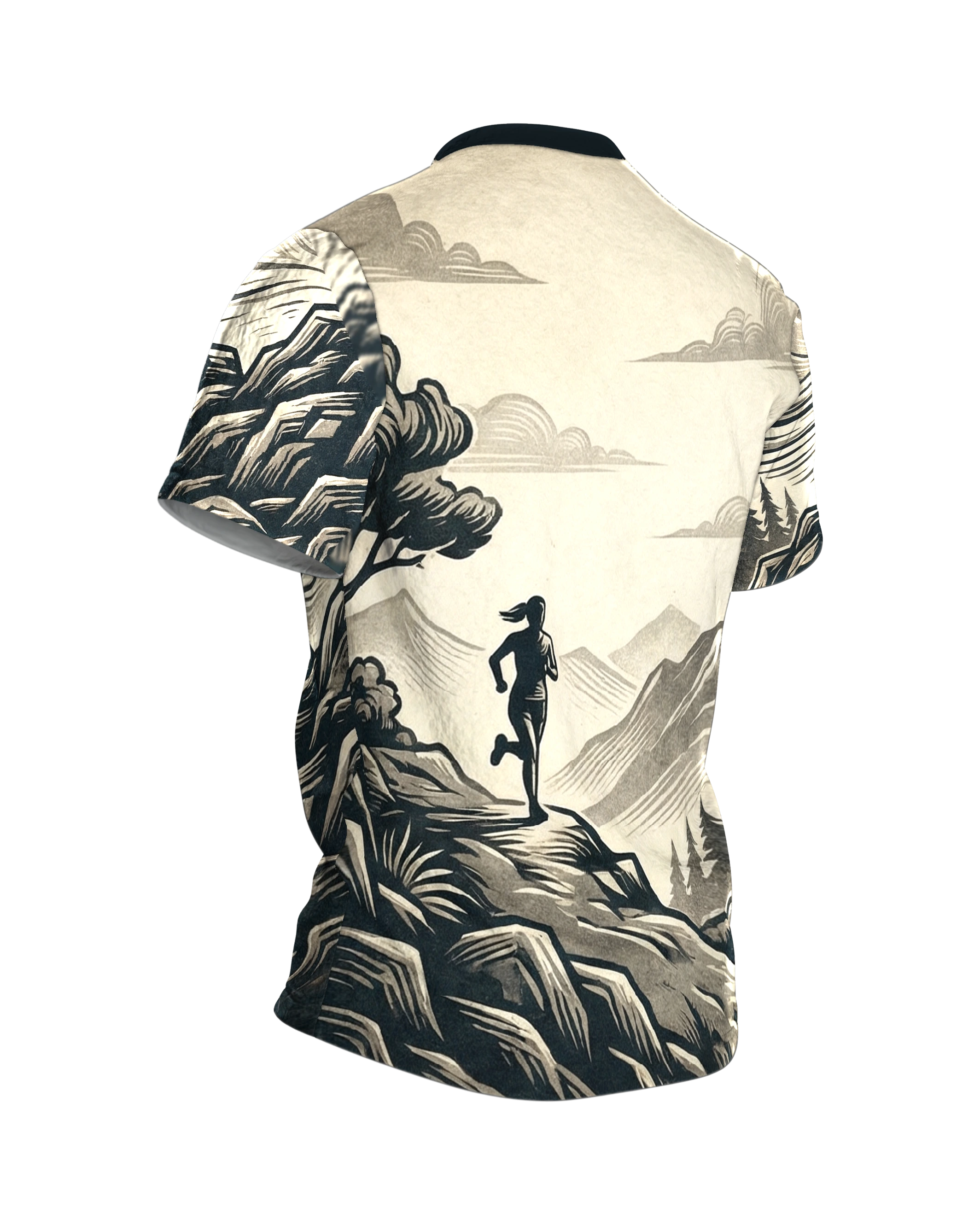 Trail-Runner T-Shirt: Anstieg und Höhenpfad im Holzschnitt, Rückseite schräg rechts