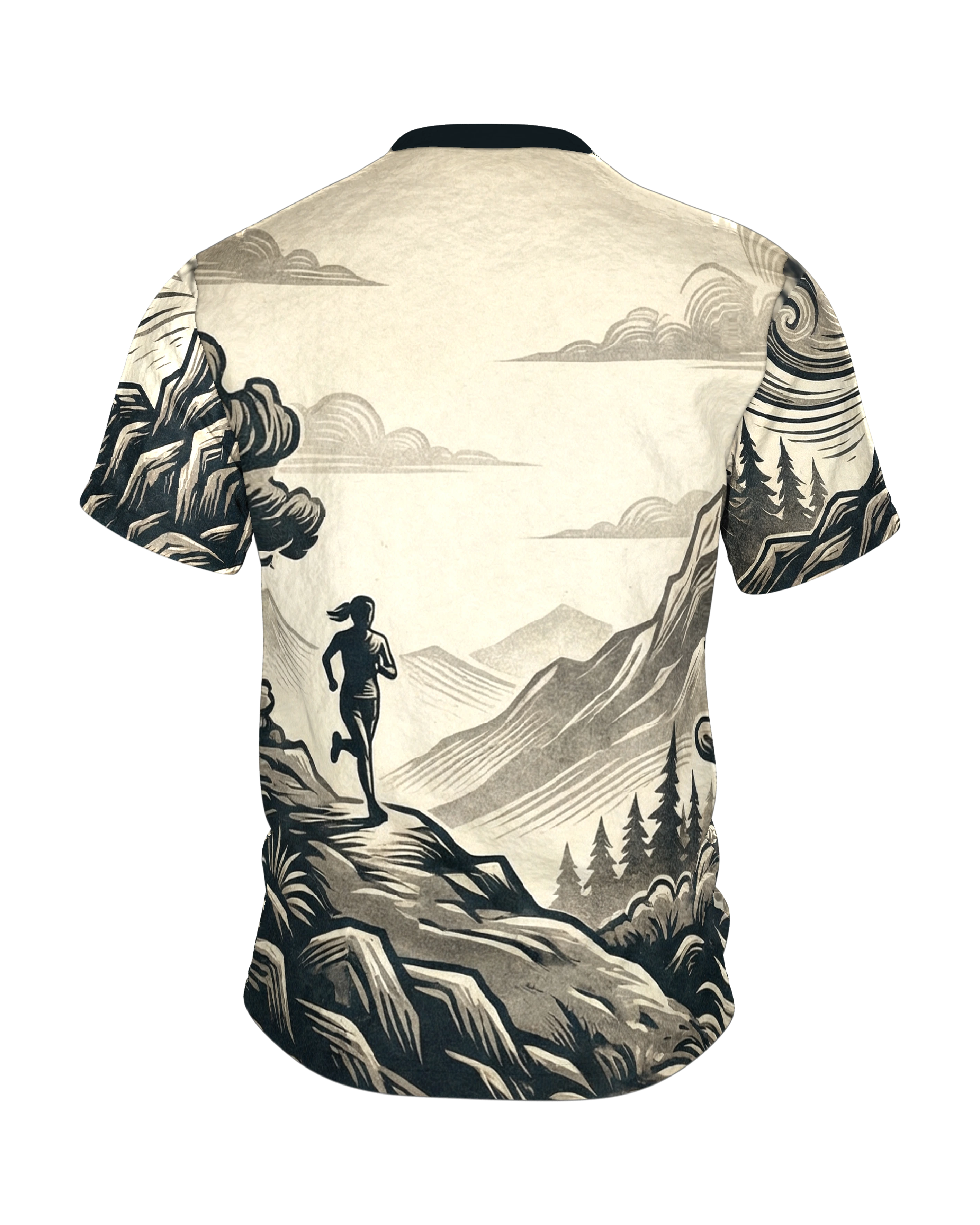 Trail-Runner T-Shirt: Anstieg und Höhenpfad im Holzschnitt, Rückseite