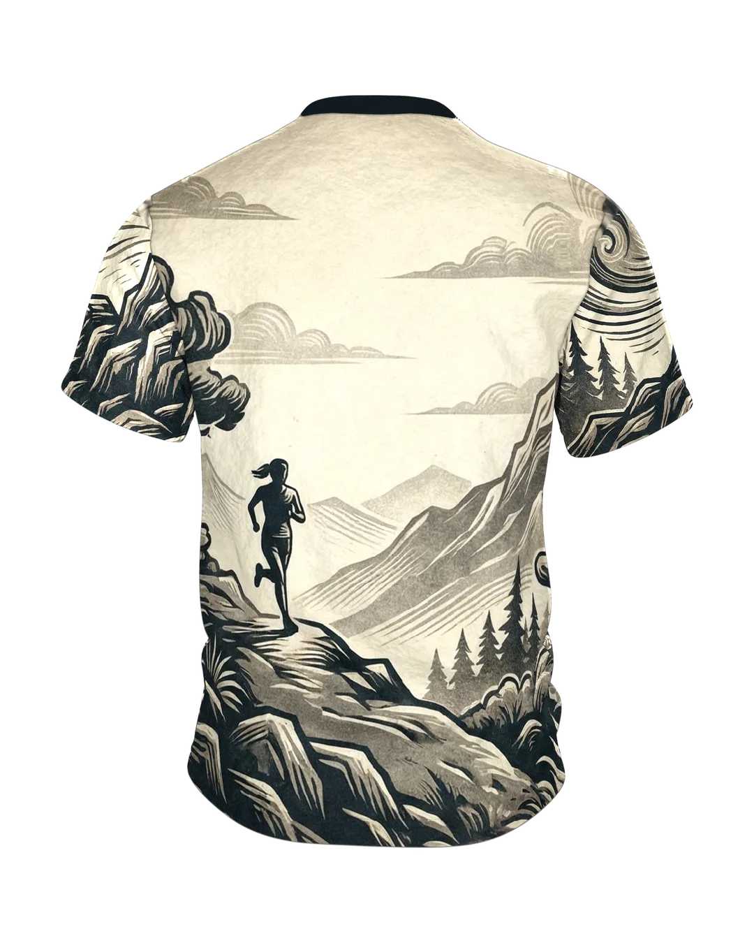 Trail-Runner T-Shirt: Anstieg und Höhenpfad im Holzschnitt, Rückseite