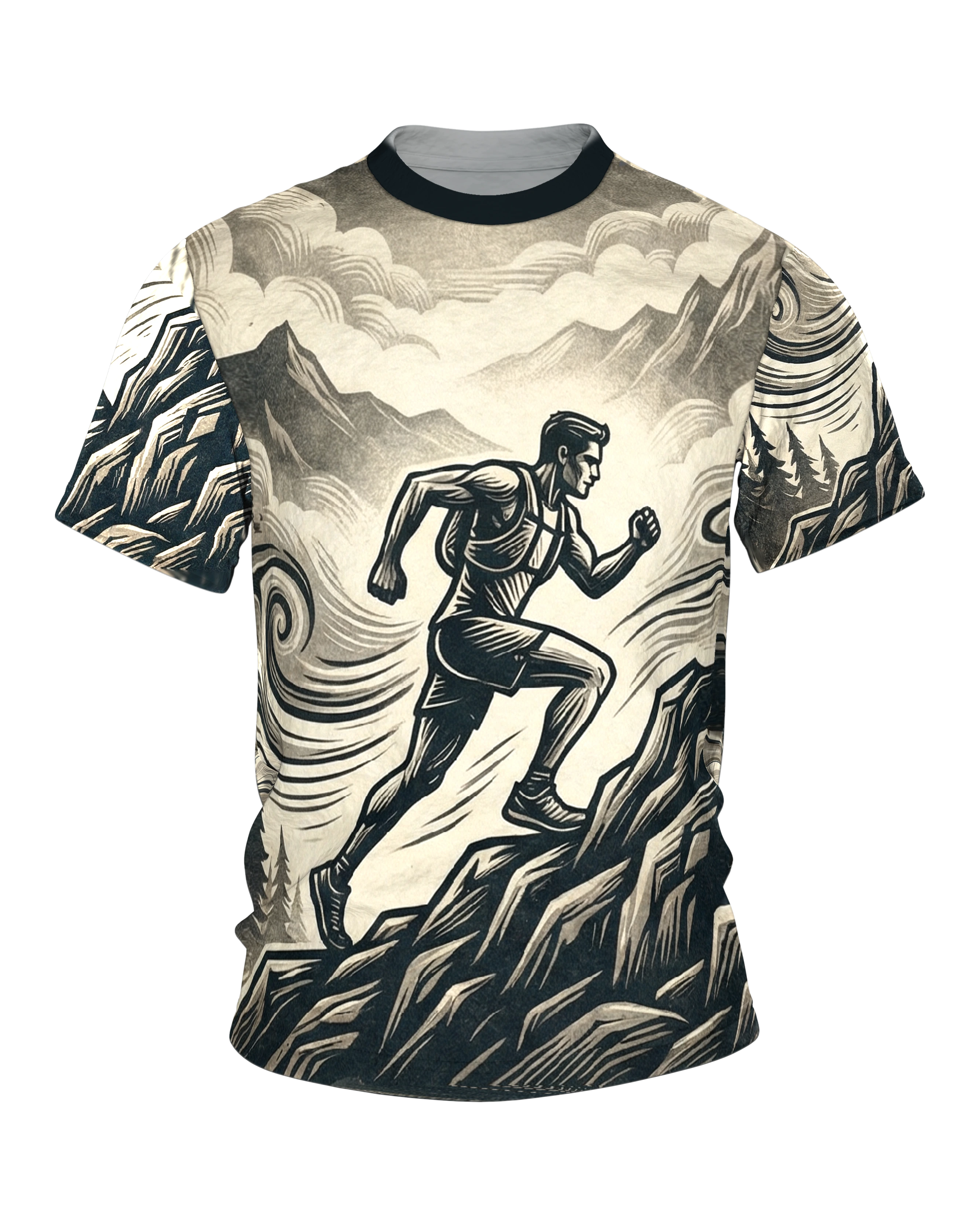 Trail-Runner T-Shirt: Anstieg und Höhenpfad im Holzschnitt