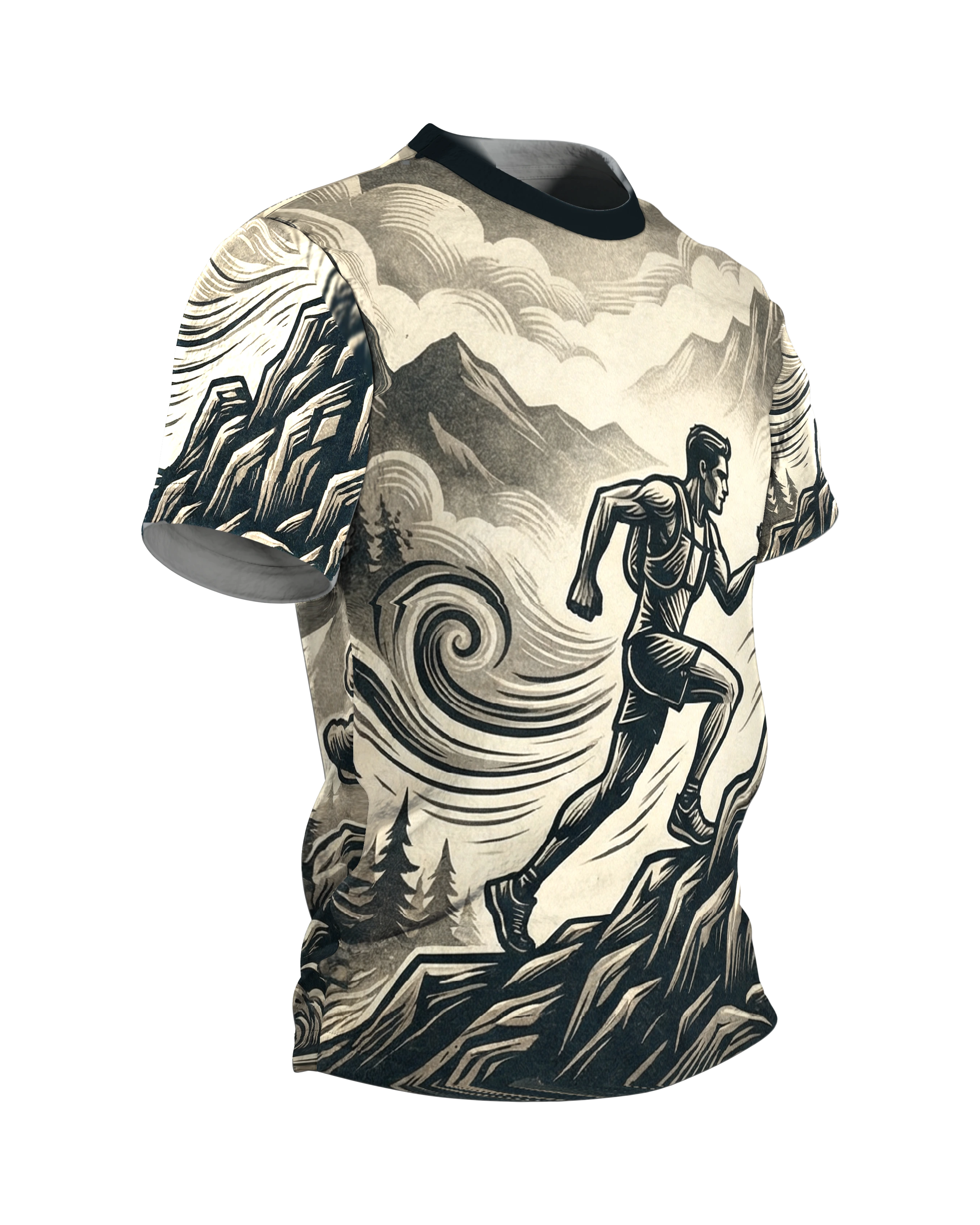 Trail-Runner T-Shirt: Anstieg und Höhenpfad im Holzschnitt, Seitenansicht links