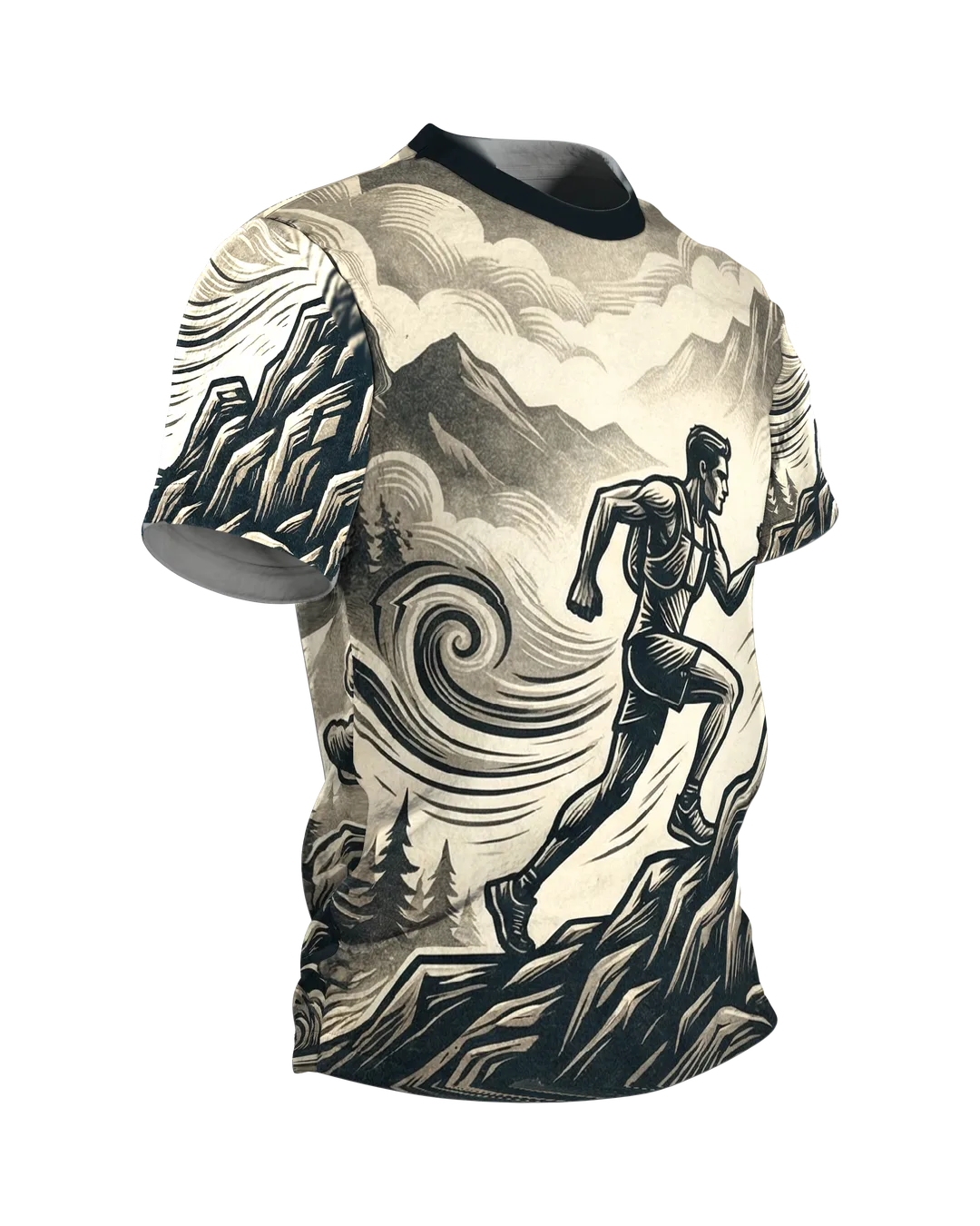 Trail-Runner T-Shirt: Anstieg und Höhenpfad im Holzschnitt, Seitenansicht links