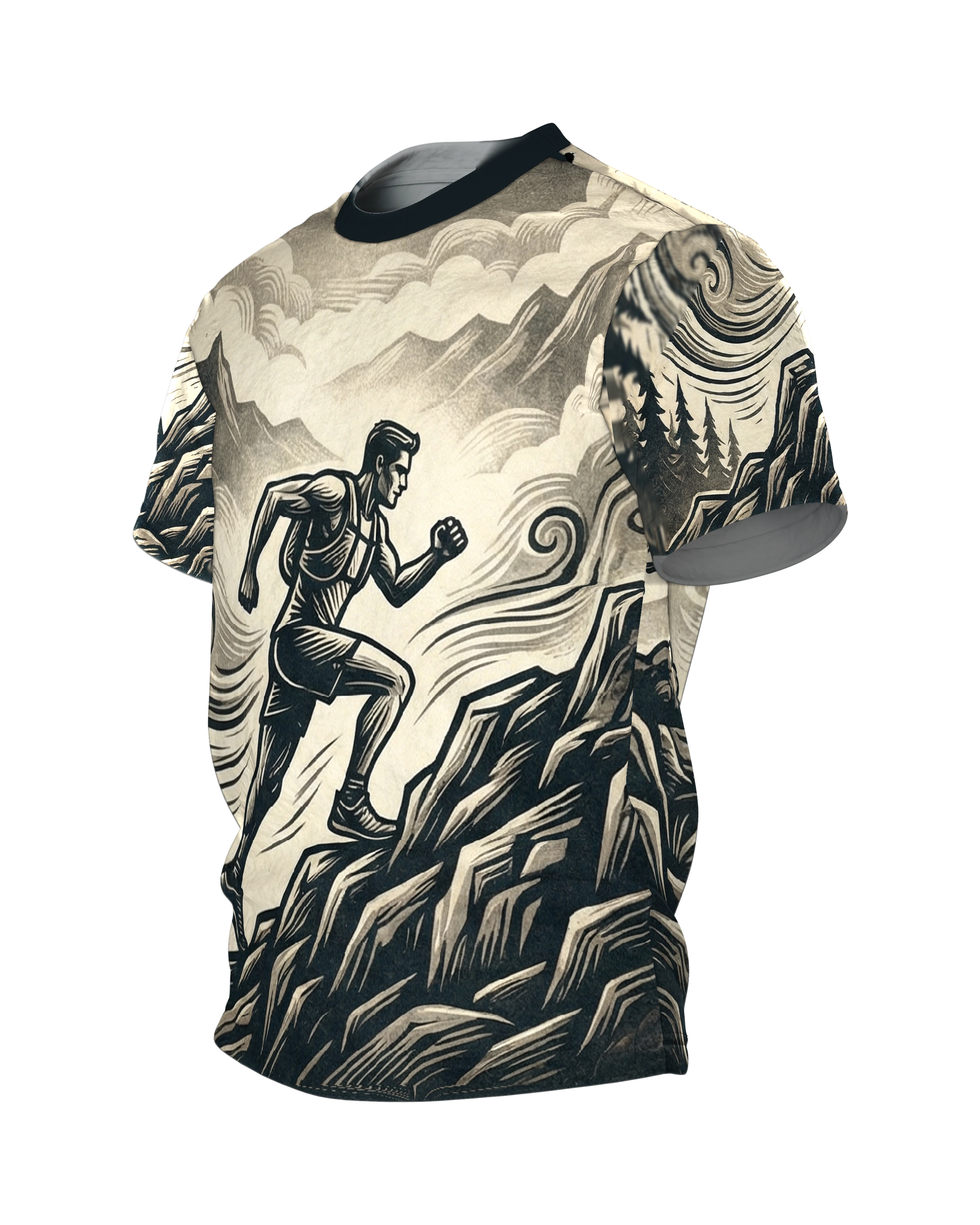 Trail-Runner T-Shirt: Anstieg und Höhenpfad im Holzschnitt, Seitenansicht rechts