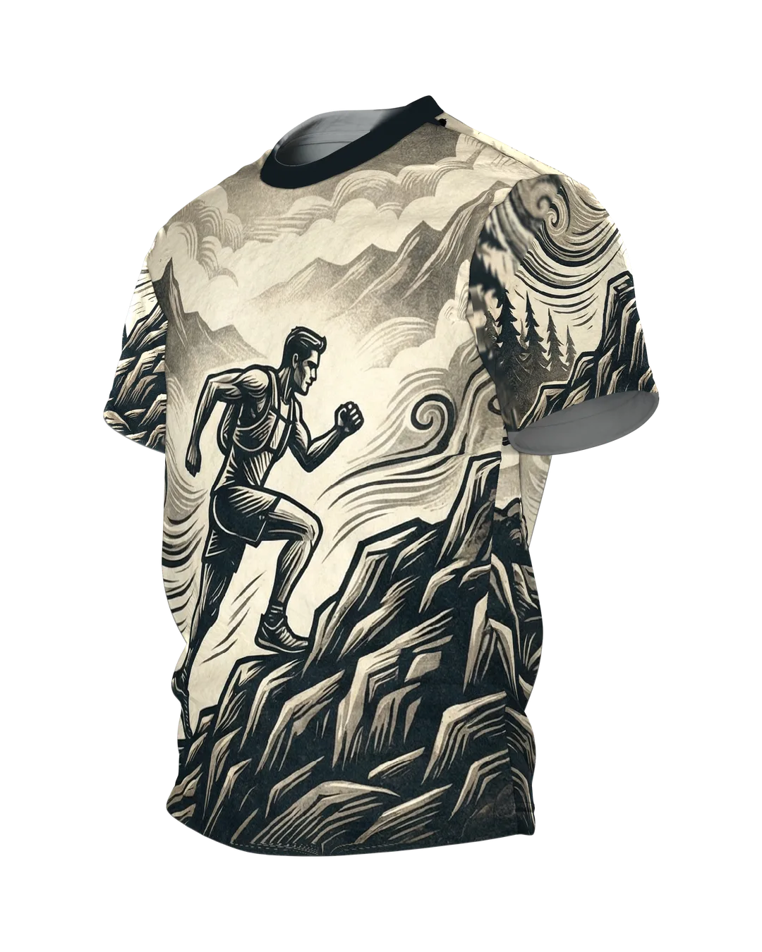 Trail-Runner T-Shirt: Anstieg und Höhenpfad im Holzschnitt, Seitenansicht rechts