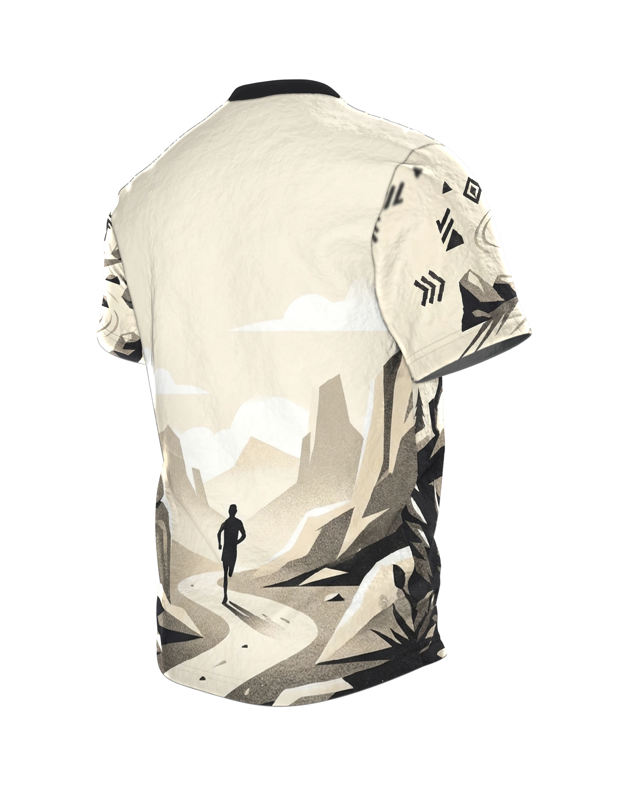 Trailrunner T-Shirt: Geometrische Berglandschaft, Rückseite schräg links