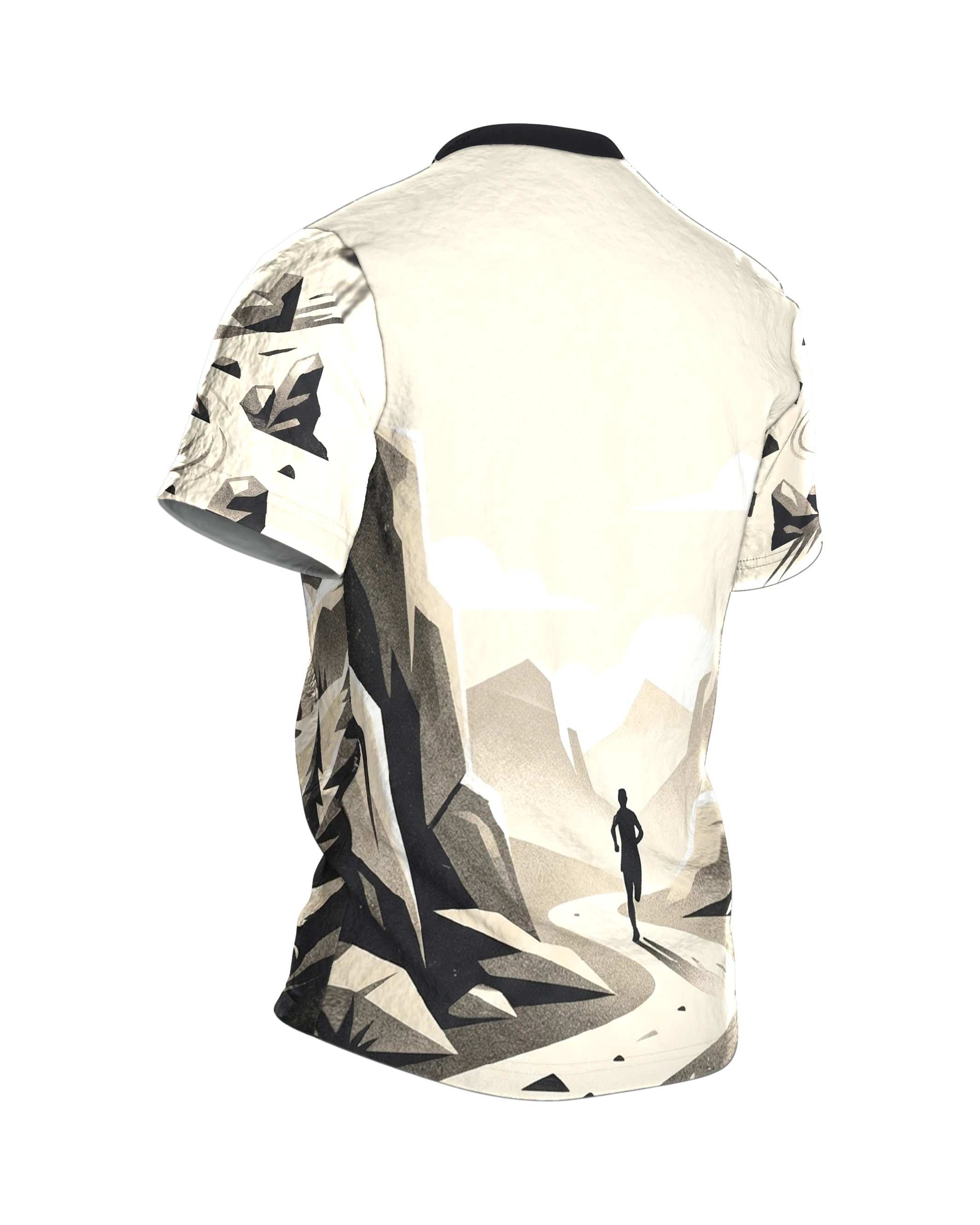 Trailrunner T-Shirt: Geometrische Berglandschaft, Rückseite schräg rechts