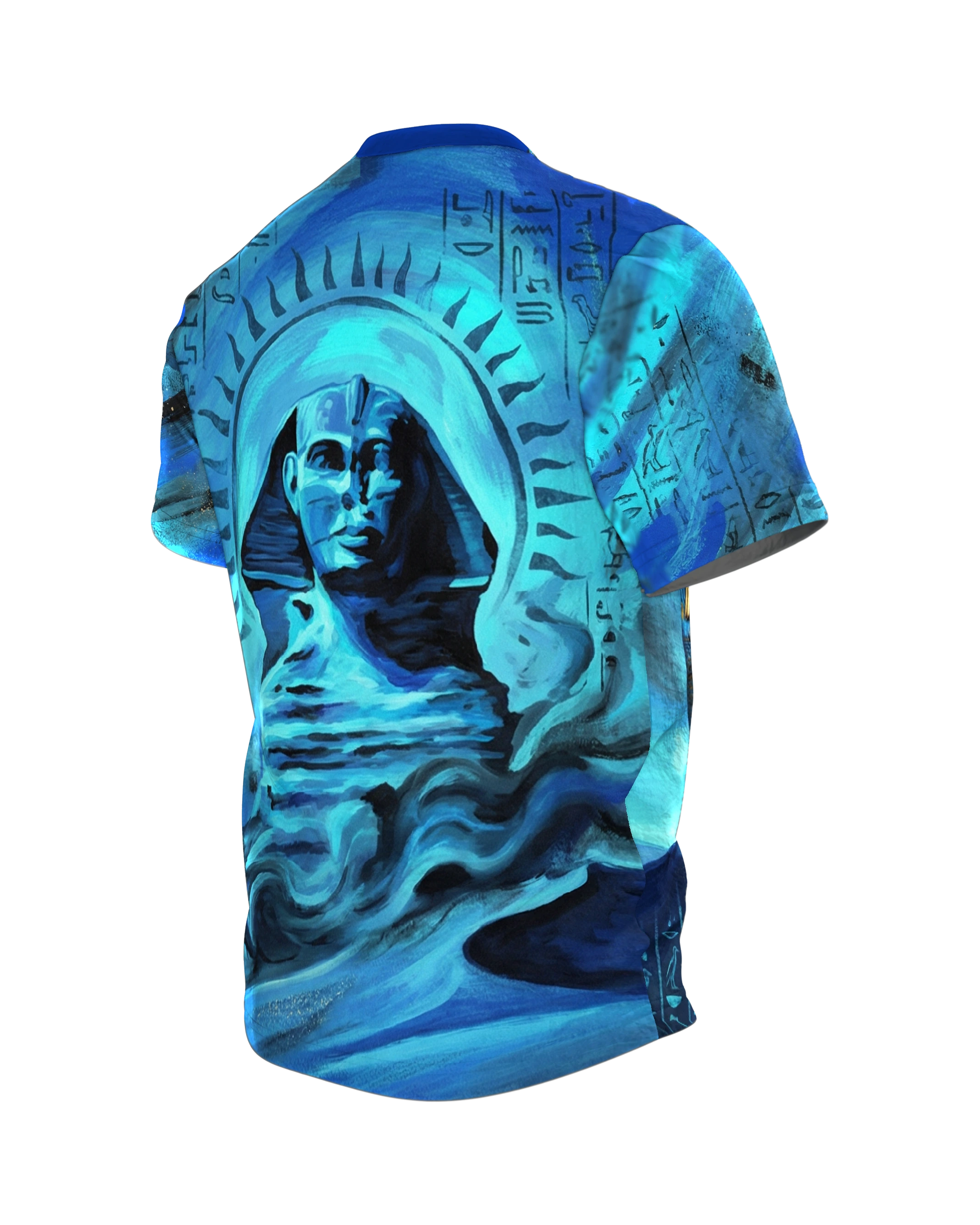 Pharao Pyramide T-Shirt, Sarkophag und Sphinx in blauer Wüstennacht, Rückseite schräg links