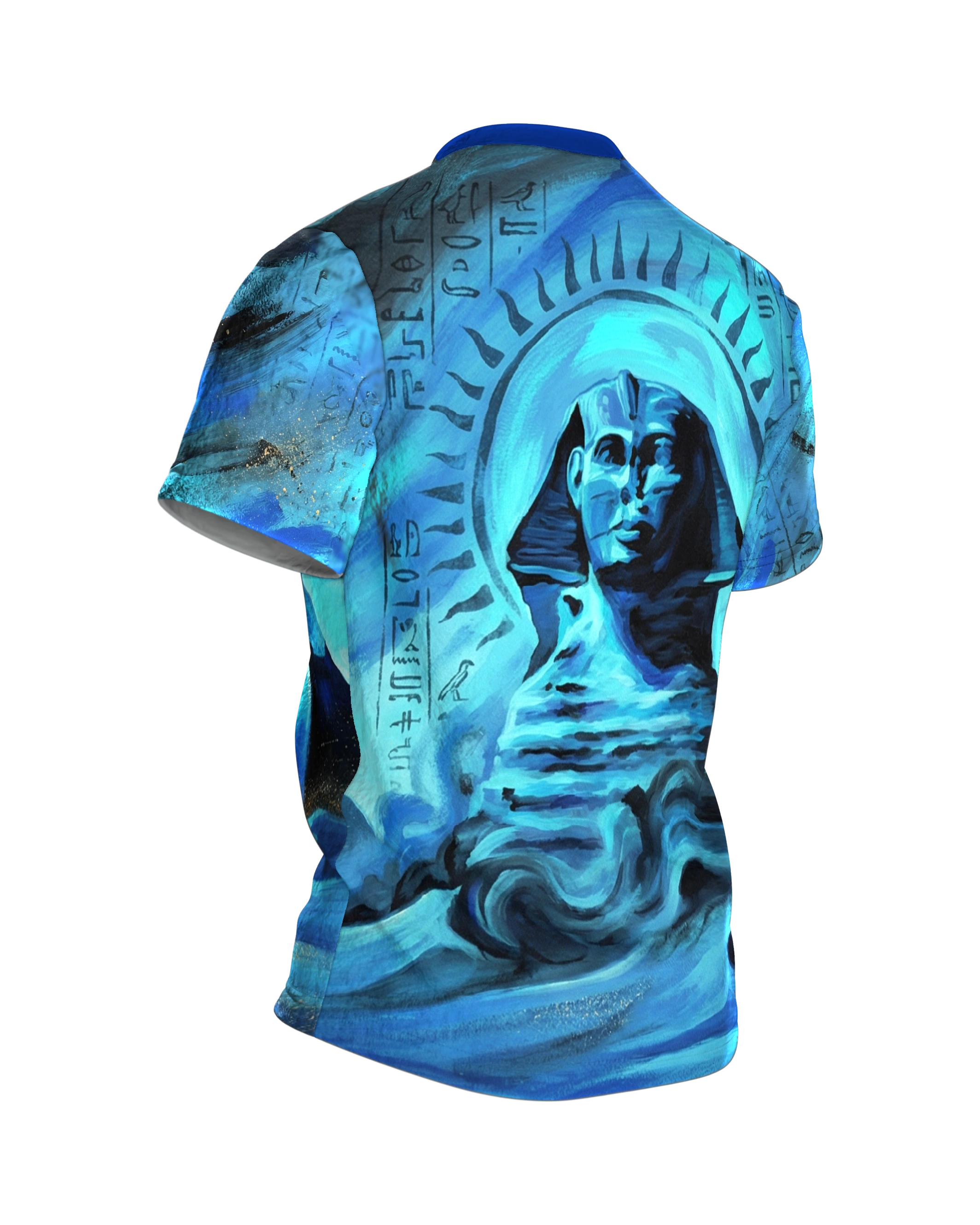 Pharao Pyramide T-Shirt, Sarkophag und Sphinx in blauer Wüstennacht, Rückseite schräg rechts