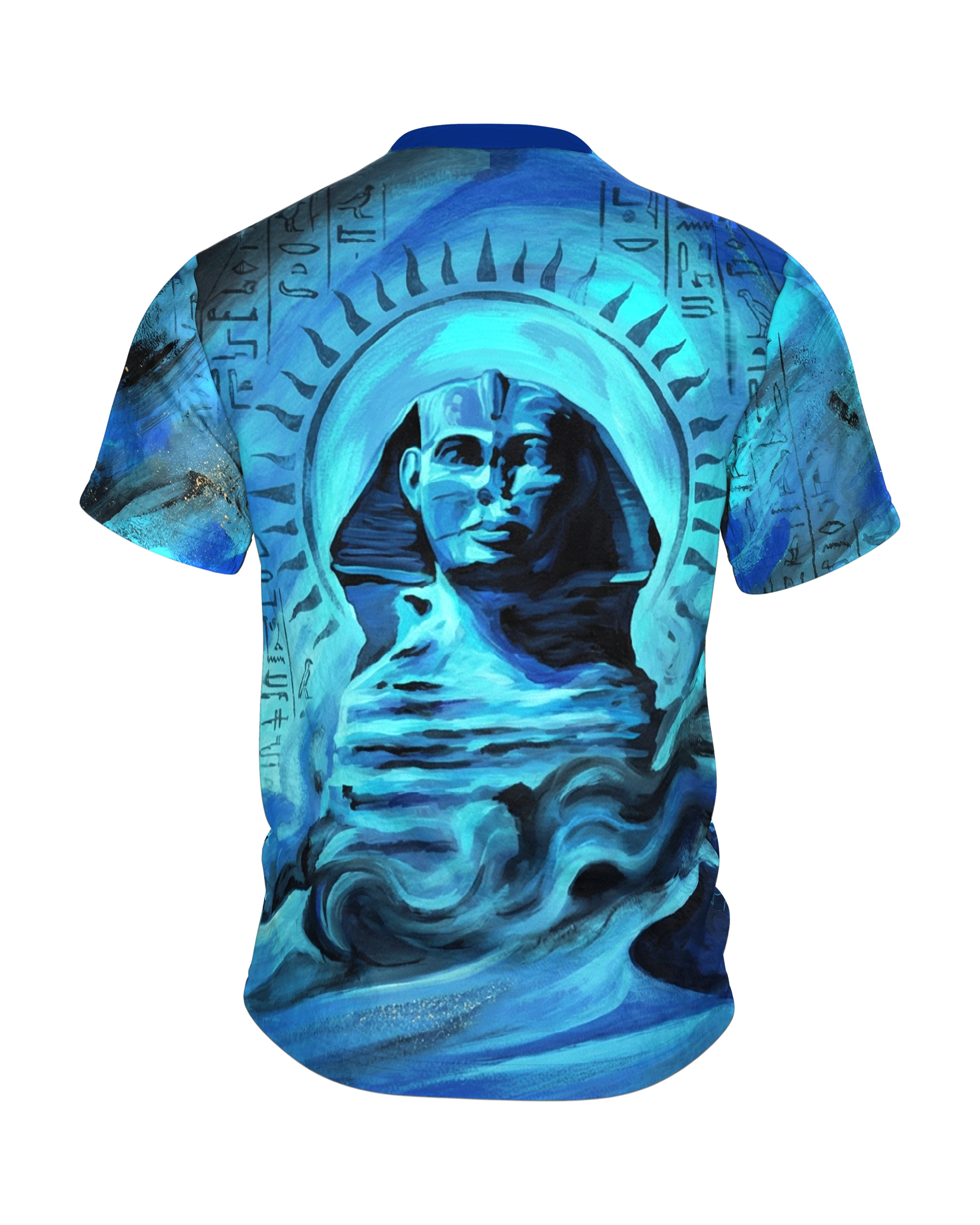 Pharao Pyramide T-Shirt, Sarkophag und Sphinx in blauer Wüstennacht, Rückseite