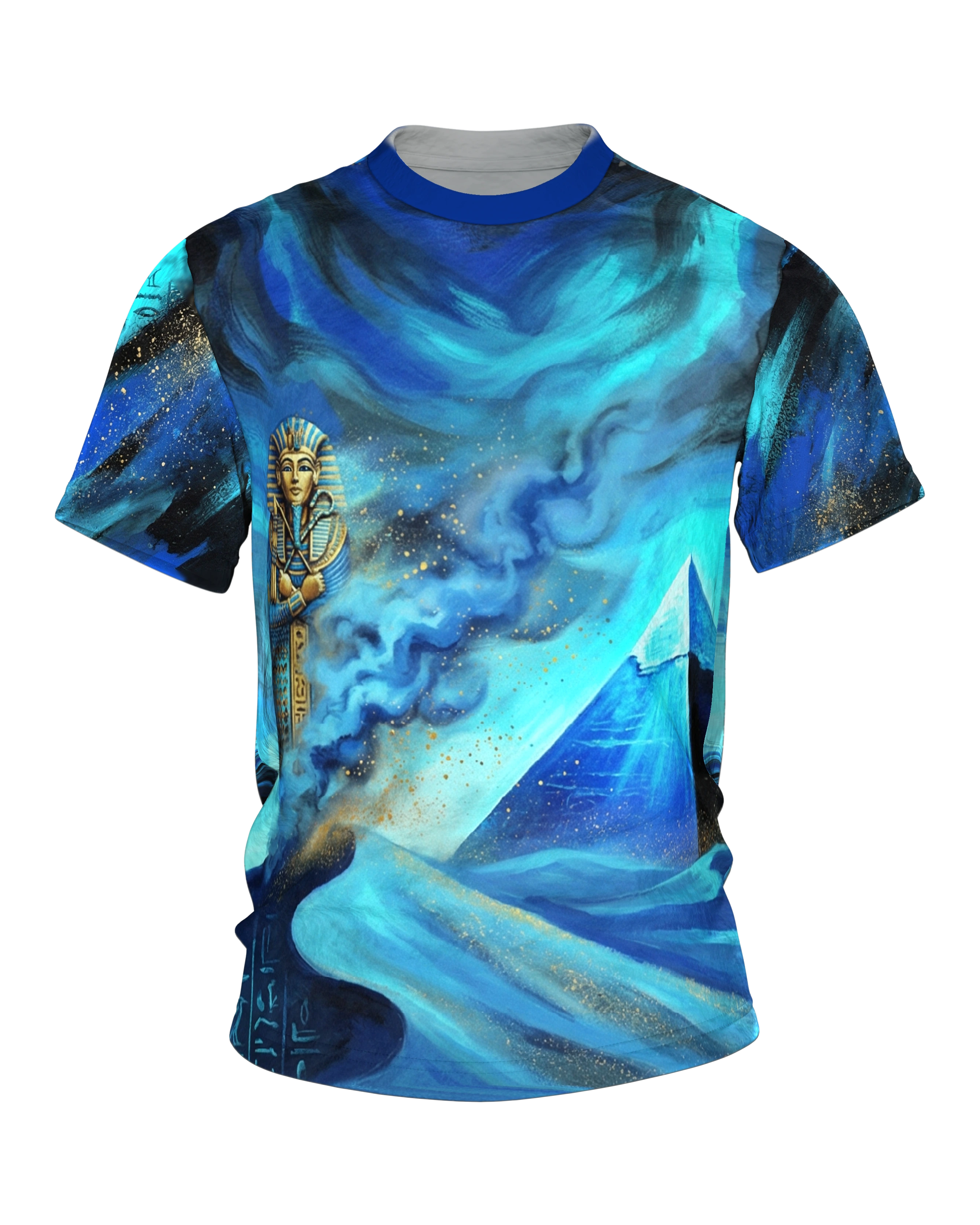Pharao Pyramide T-Shirt, Sarkophag und Sphinx in blauer Wüstennacht