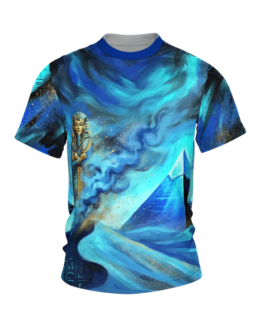 Pharao Pyramide T-Shirt, Sarkophag und Sphinx in blauer Wüstennacht