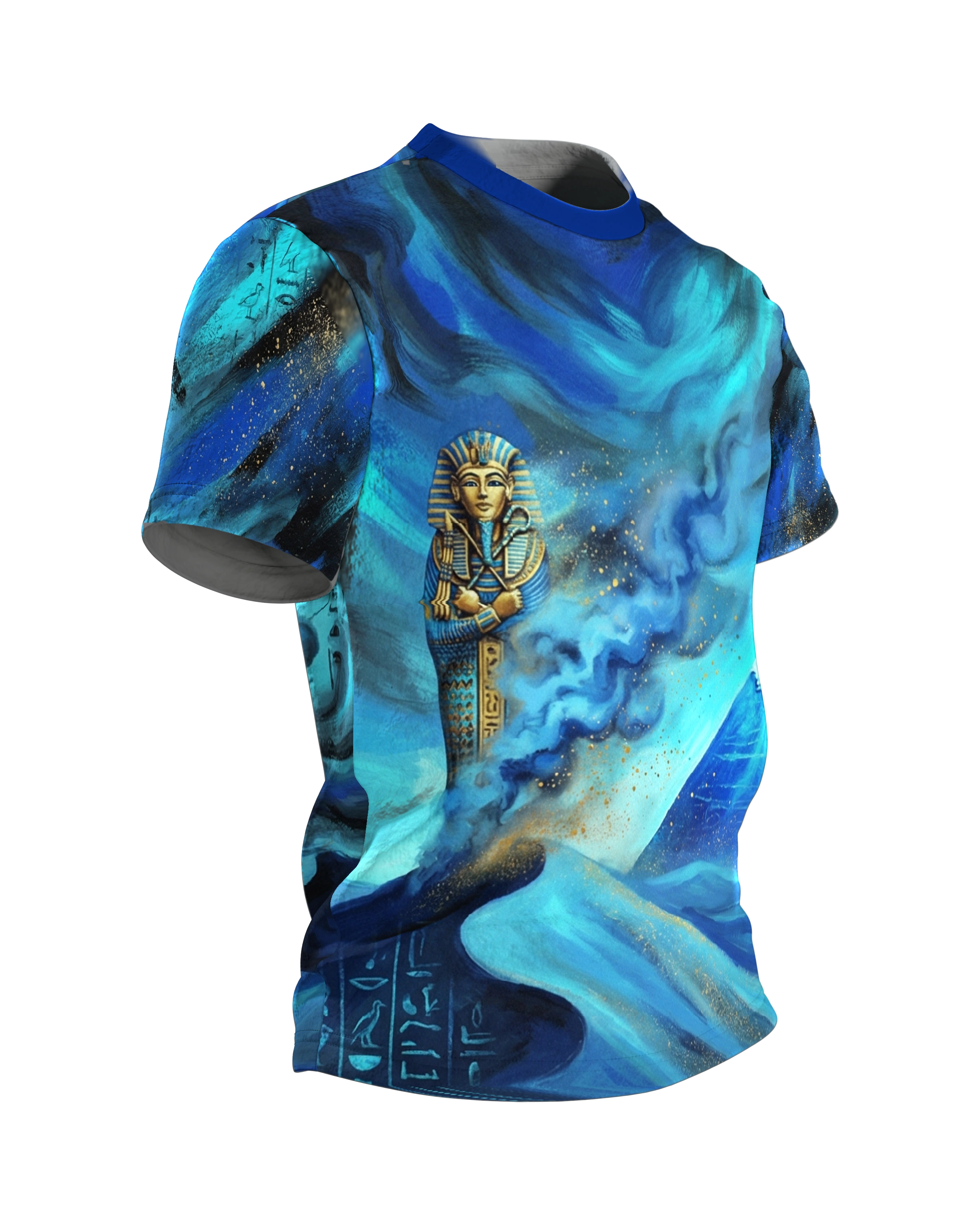 Pharao Pyramide T-Shirt, Sarkophag und Sphinx in blauer Wüstennacht, Seitenansicht links