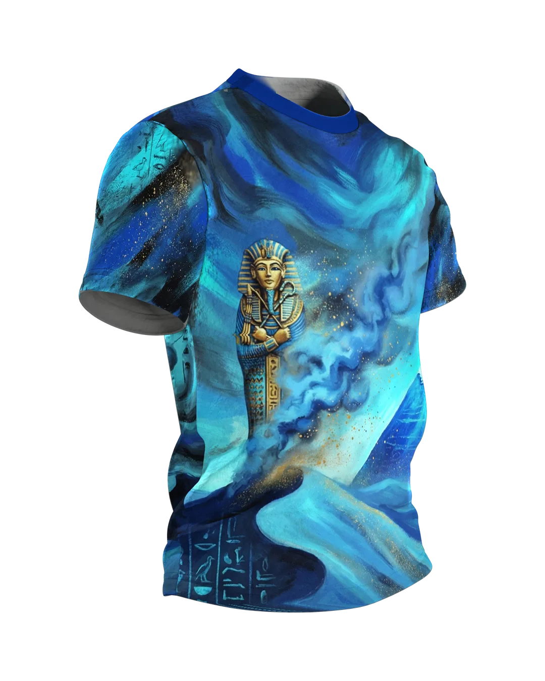 Pharao Pyramide T-Shirt, Sarkophag und Sphinx in blauer Wüstennacht, Seitenansicht links