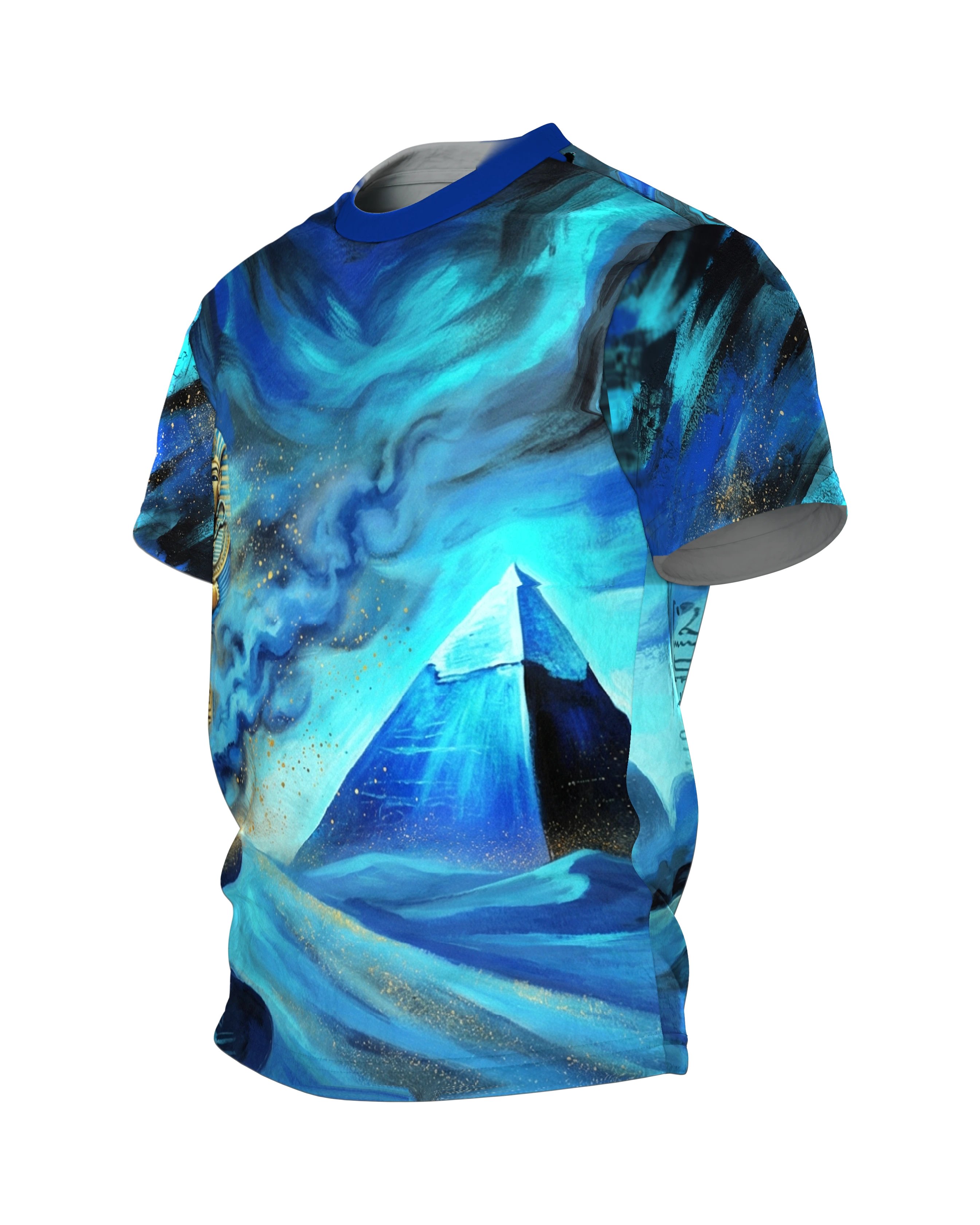 Pharao Pyramide T-Shirt, Sarkophag und Sphinx in blauer Wüstennacht, Seitenansicht rechts