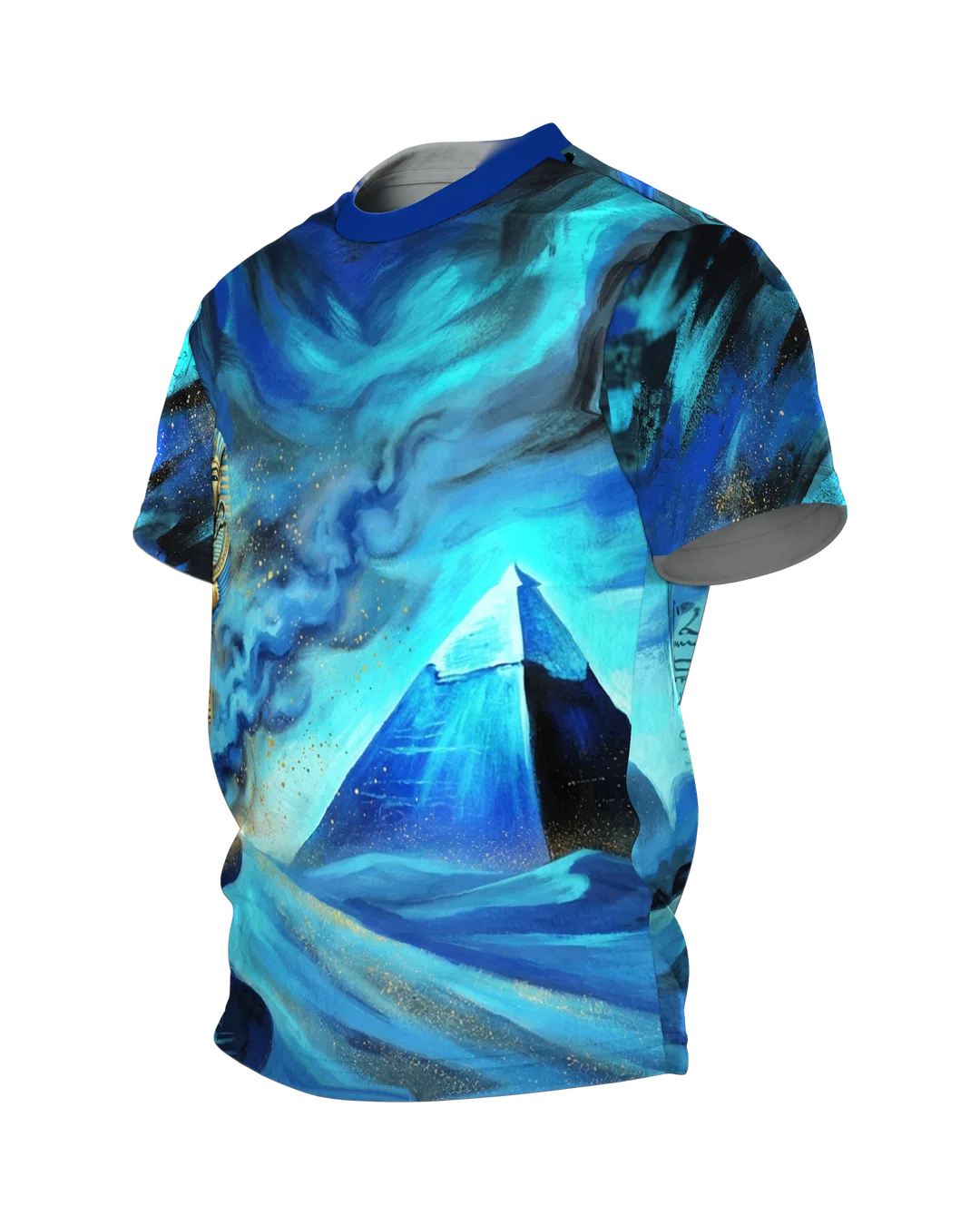 Pharao Pyramide T-Shirt, Sarkophag und Sphinx in blauer Wüstennacht, Seitenansicht rechts