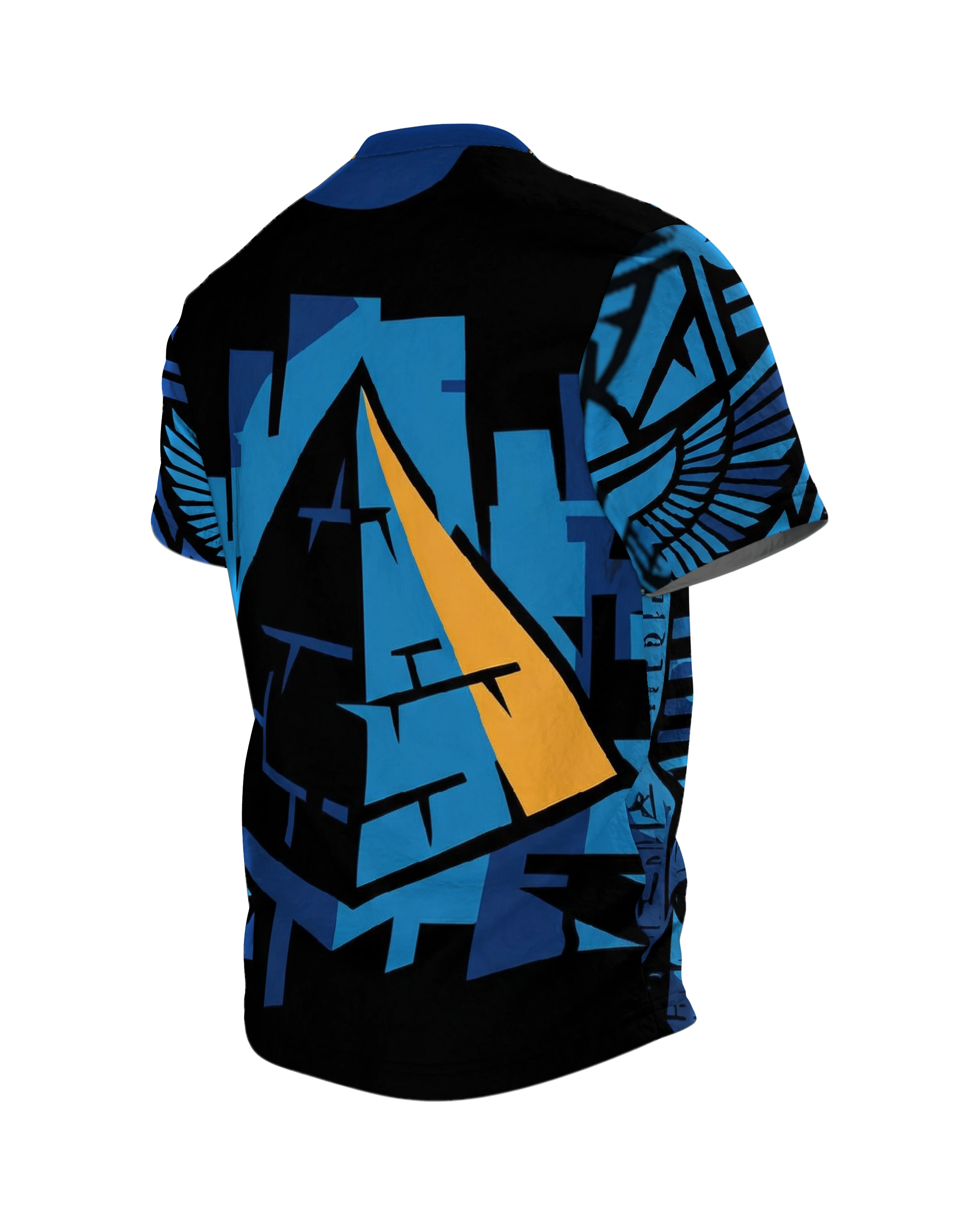 Tutanchamun T-Shirt, Pharaonen-Maske vor Hieroglyphen in Blau und Gold, Pyramide am Rücken, Rückseite schräg links