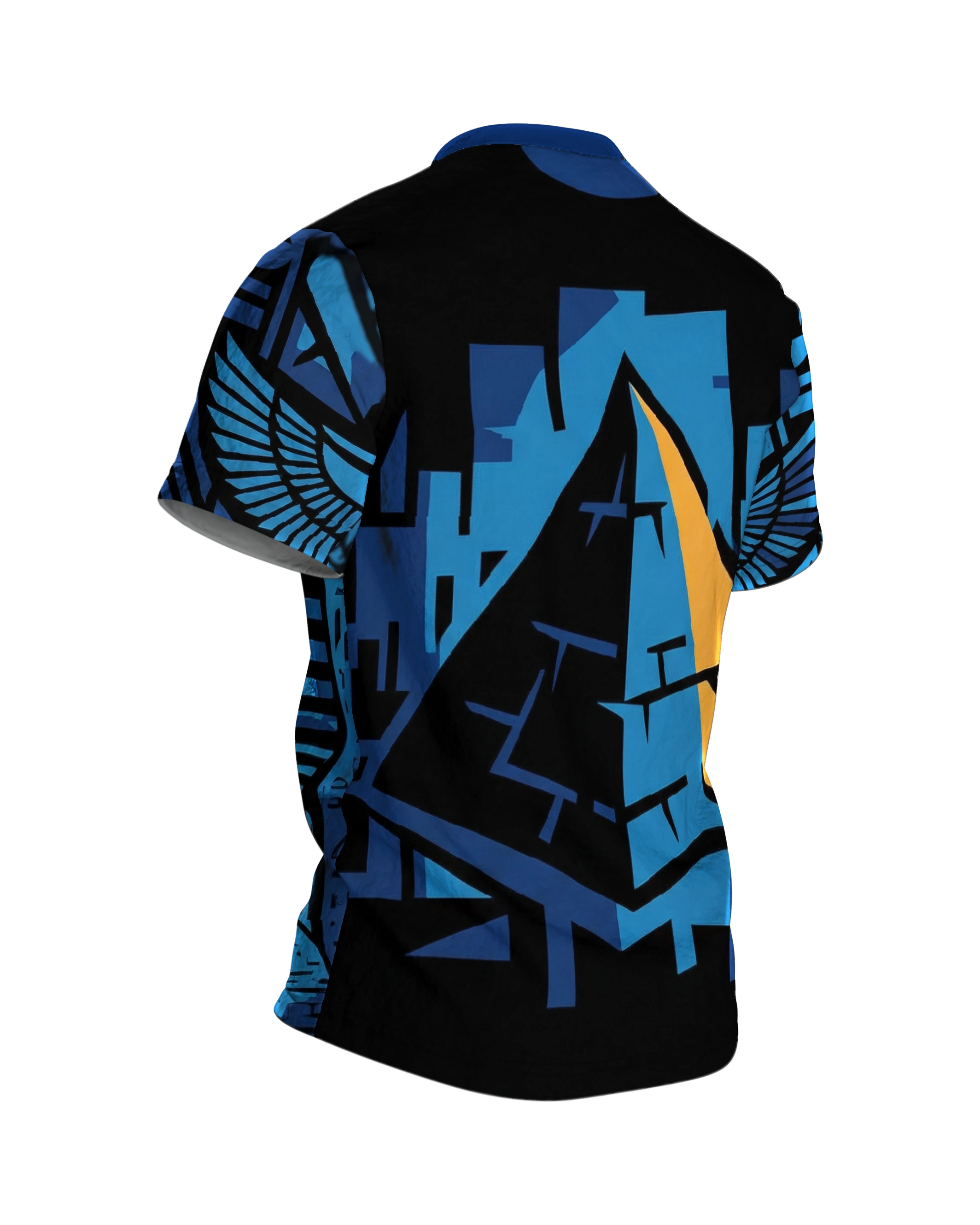 Tutanchamun T-Shirt, Pharaonen-Maske vor Hieroglyphen in Blau und Gold, Pyramide am Rücken, Rückseite schräg rechts