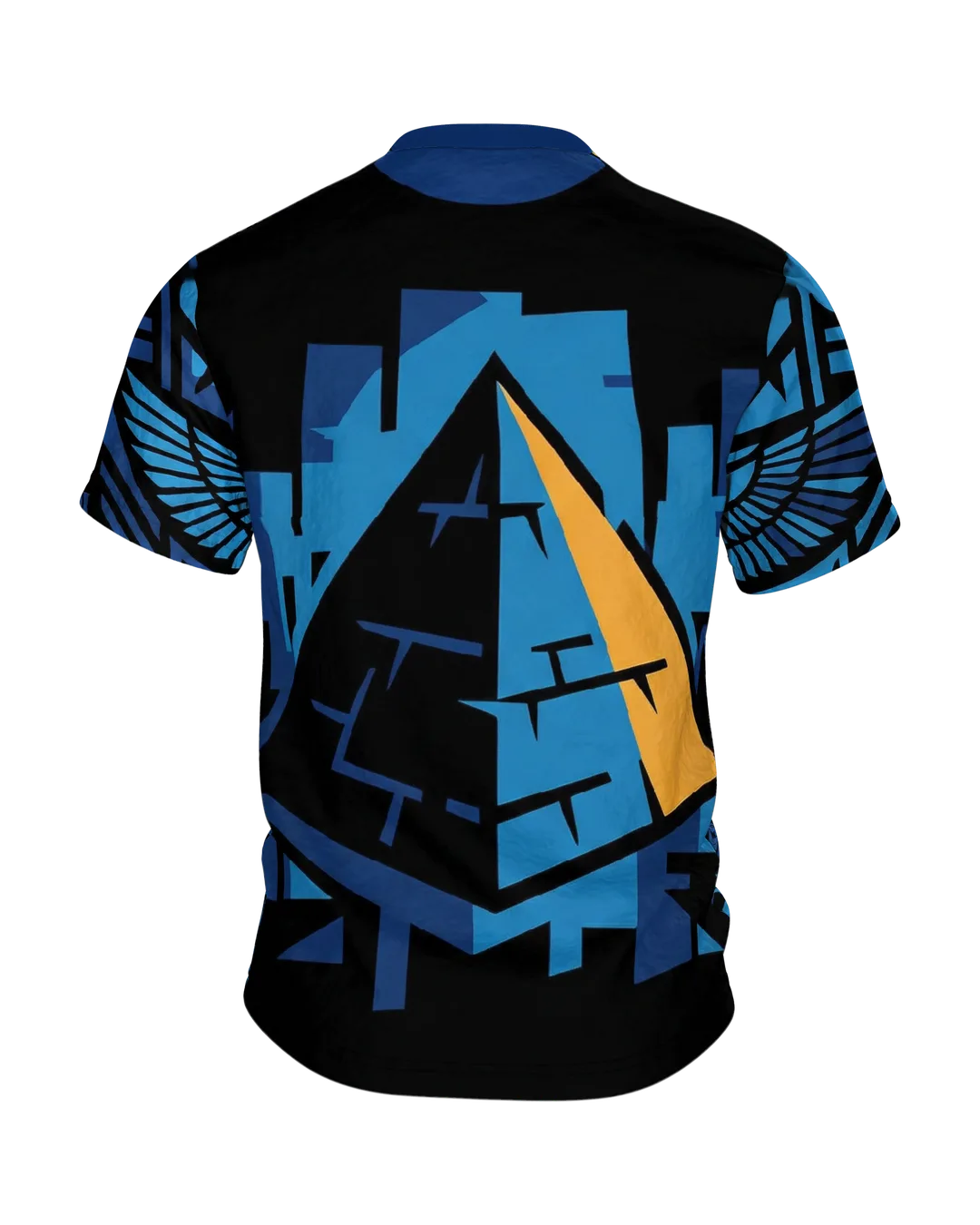 Tutanchamun T-Shirt, Pharaonen-Maske vor Hieroglyphen in Blau und Gold, Pyramide am Rücken, Rückseite