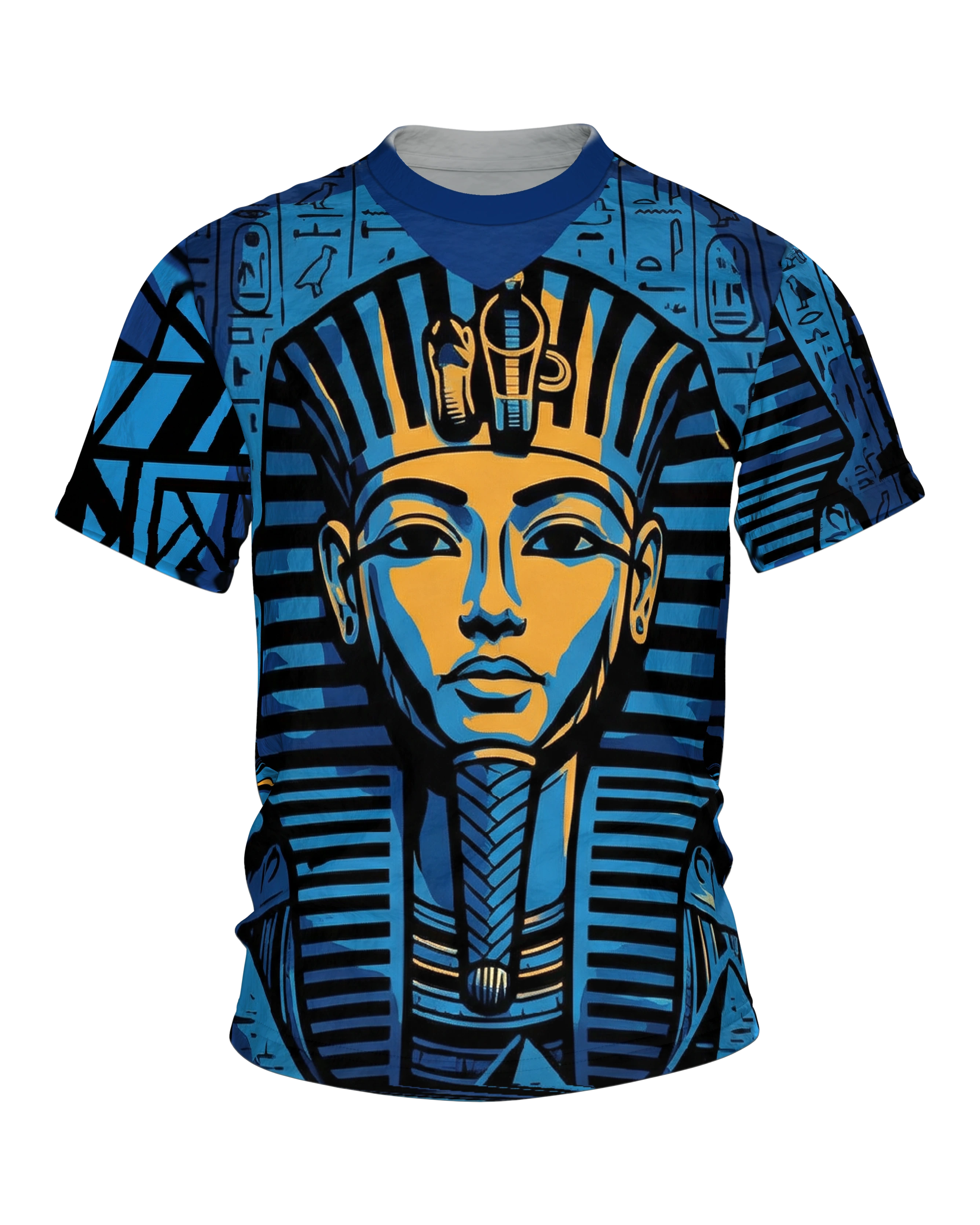Tutanchamun T-Shirt, Pharaonen-Maske vor Hieroglyphen in Blau und Gold, Pyramide am Rücken