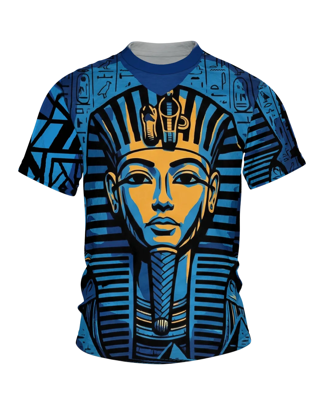 Tutanchamun T-Shirt, Pharaonen-Maske vor Hieroglyphen in Blau und Gold, Pyramide am Rücken