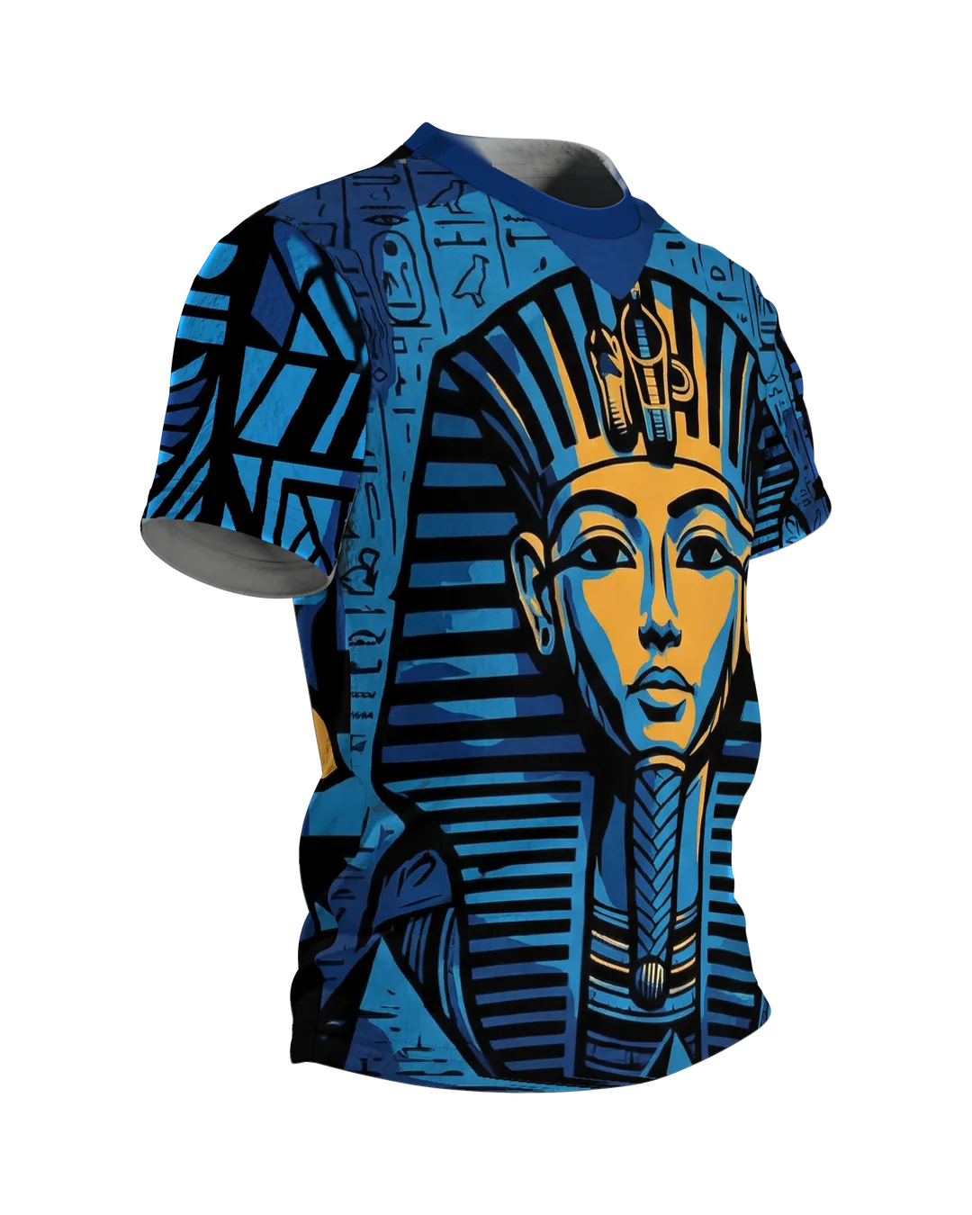 Tutanchamun T-Shirt, Pharaonen-Maske vor Hieroglyphen in Blau und Gold, Pyramide am Rücken, Seitenansicht links