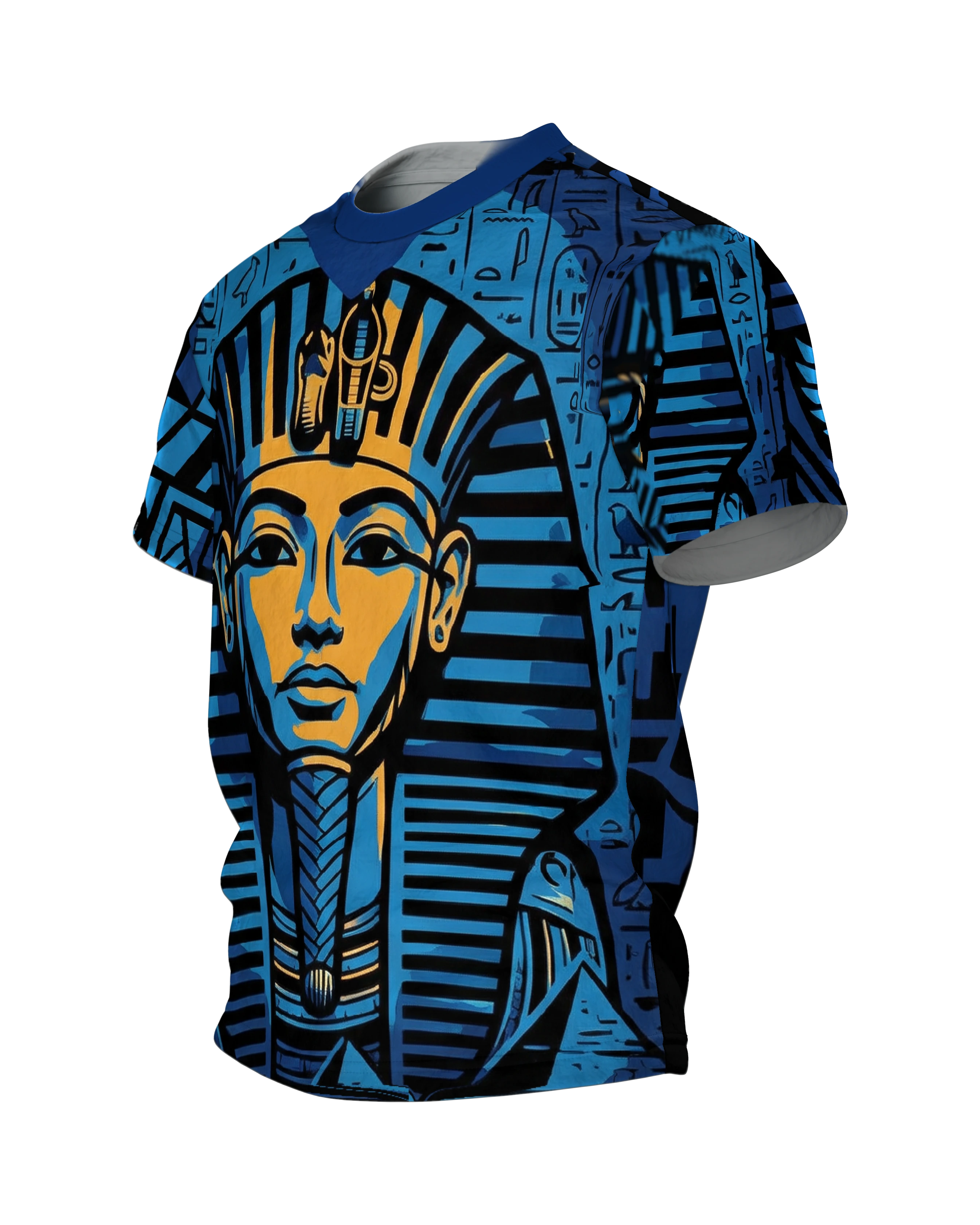 Tutanchamun T-Shirt, Pharaonen-Maske vor Hieroglyphen in Blau und Gold, Pyramide am Rücken, Seitenansicht rechts