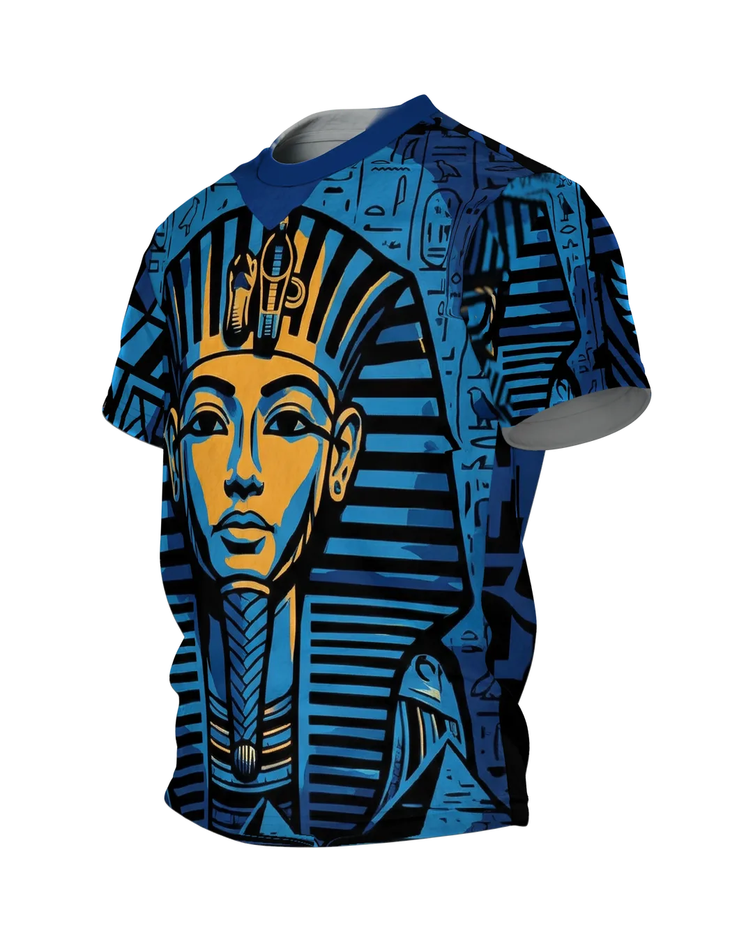 Tutanchamun T-Shirt, Pharaonen-Maske vor Hieroglyphen in Blau und Gold, Pyramide am Rücken, Seitenansicht rechts