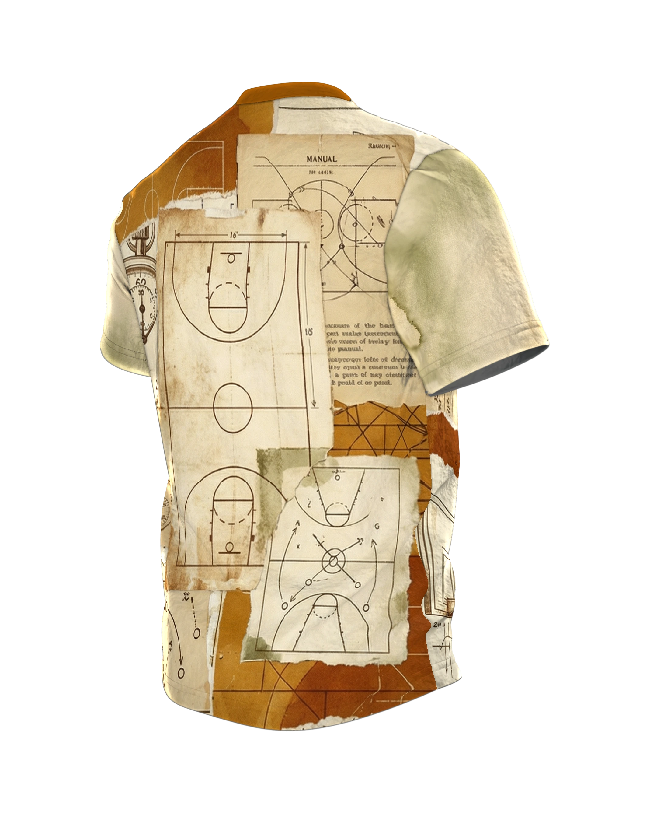 Slam Dunk T-Shirt, Vintage-Collage der Wurf-Physik, Taktiktafeln und Stoppuhren am Rücken, Rückseite schräg links